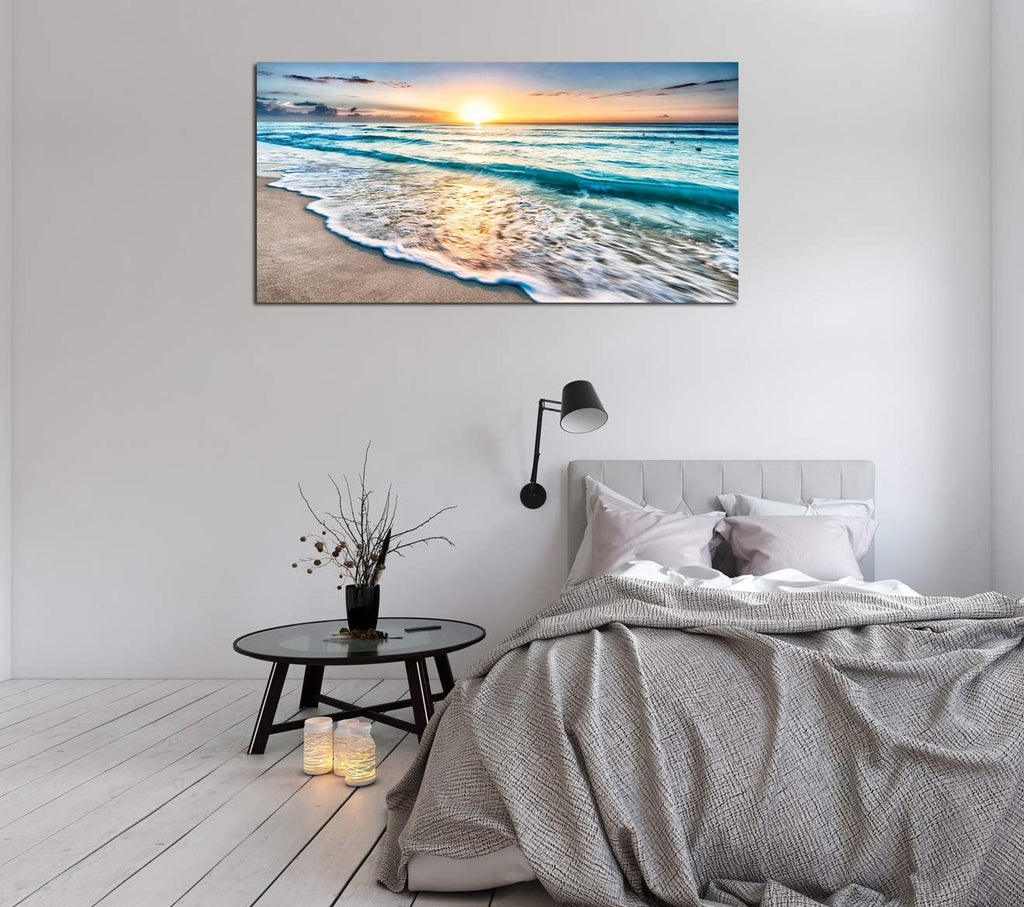 S02250 Canvas Prints Wall Art Beach Sunset Ocean Waves Nature Pictures Stretched Canvas Wooden Framed for Living Room Bedroom and Office