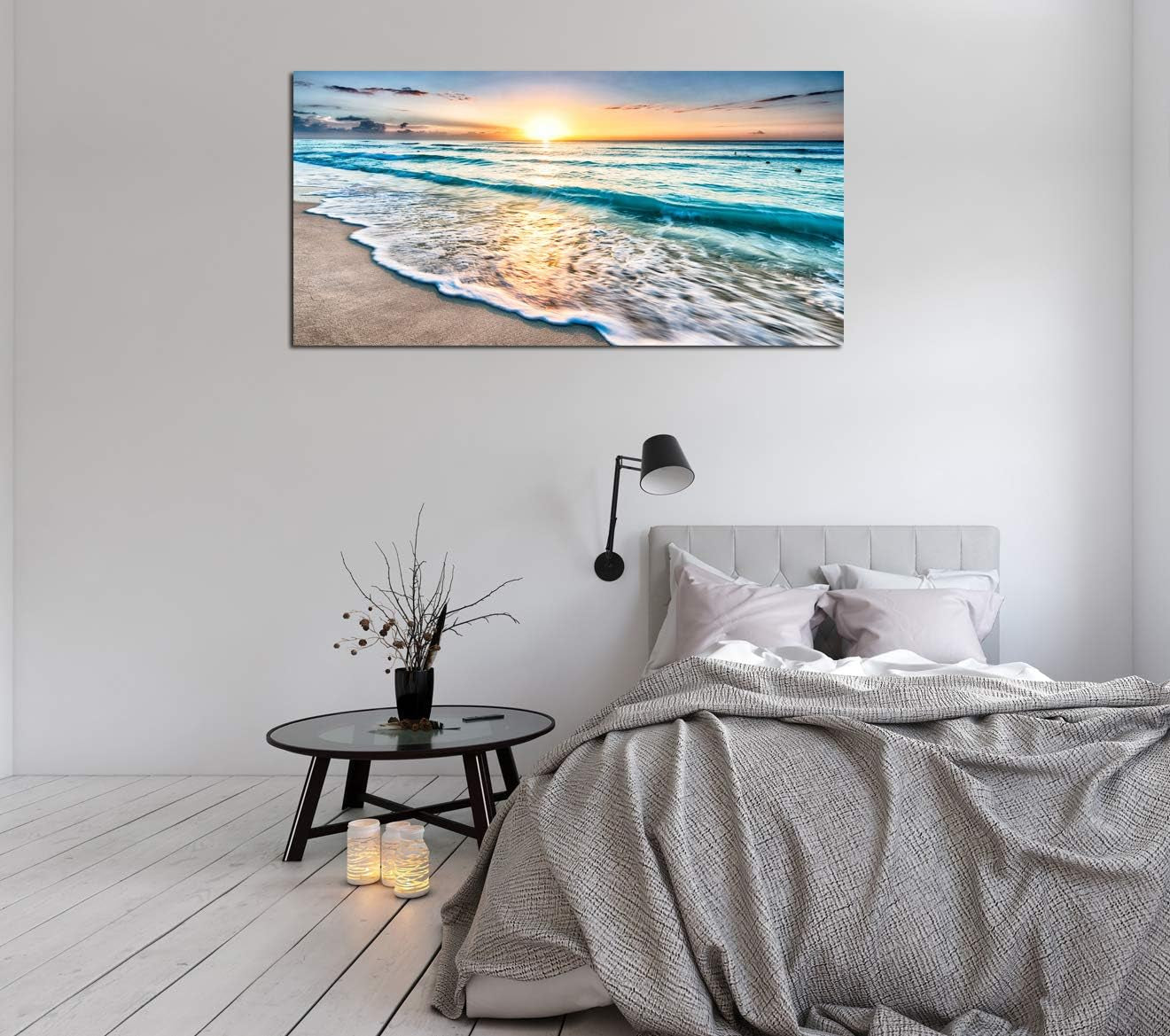 S02250 Canvas Prints Wall Art Beach Sunset Ocean Waves Nature Pictures Stretched Canvas Wooden Framed for Living Room Bedroom and Office