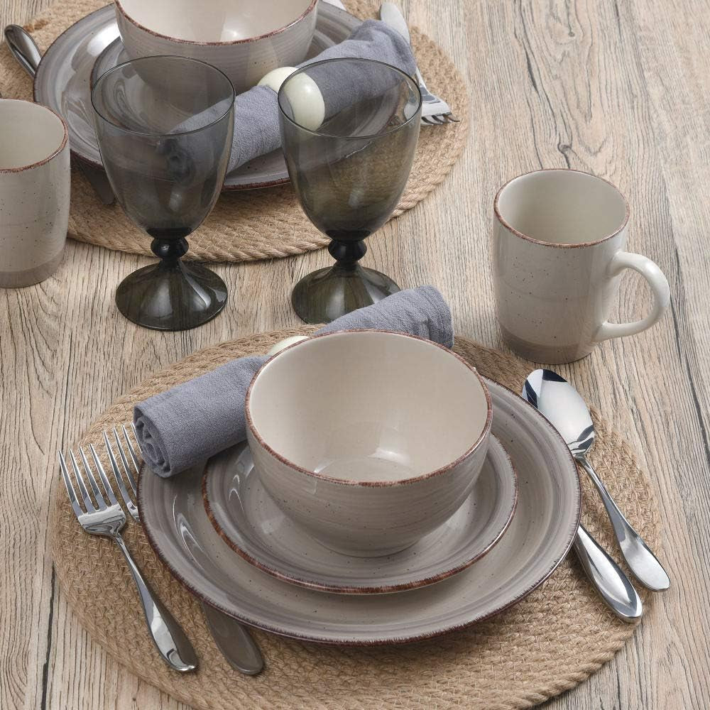 Sadie 16-Piece Cream Dinnerware Set, Service for 4, Durable Stoneware Plates and Bowls with Classic Design, Microwave and Dishwasher Safe