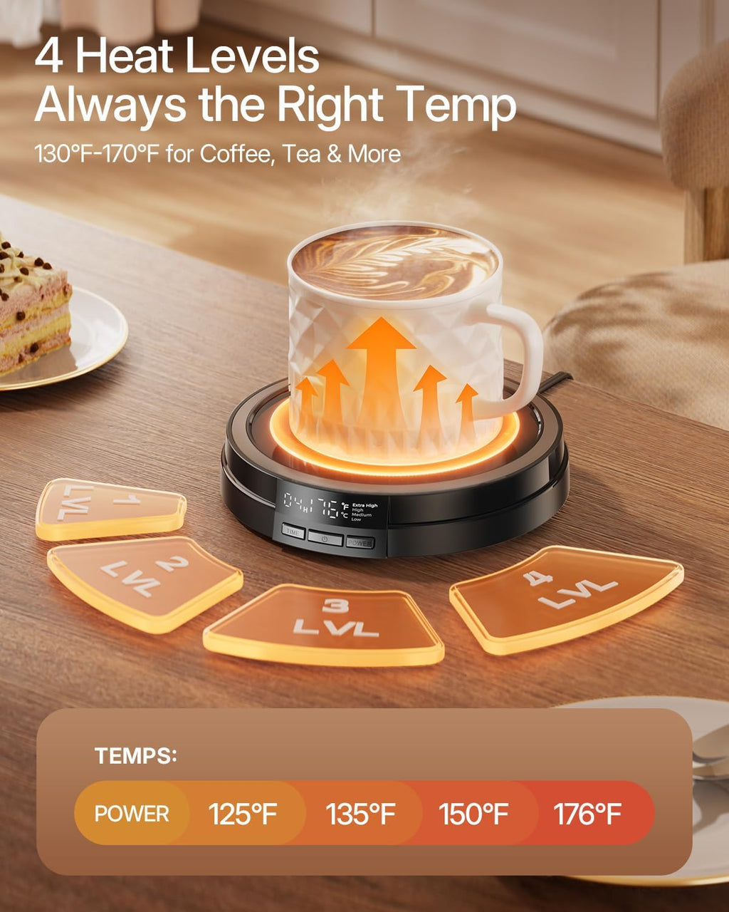Coffee Mug Warmer for Desk, 50W Fast Heating Cup Warmer with Smart Display, 4 Temps & 12H Timer, Auto Shut off for Tea, Milk, Hot Drinks - Classic Black