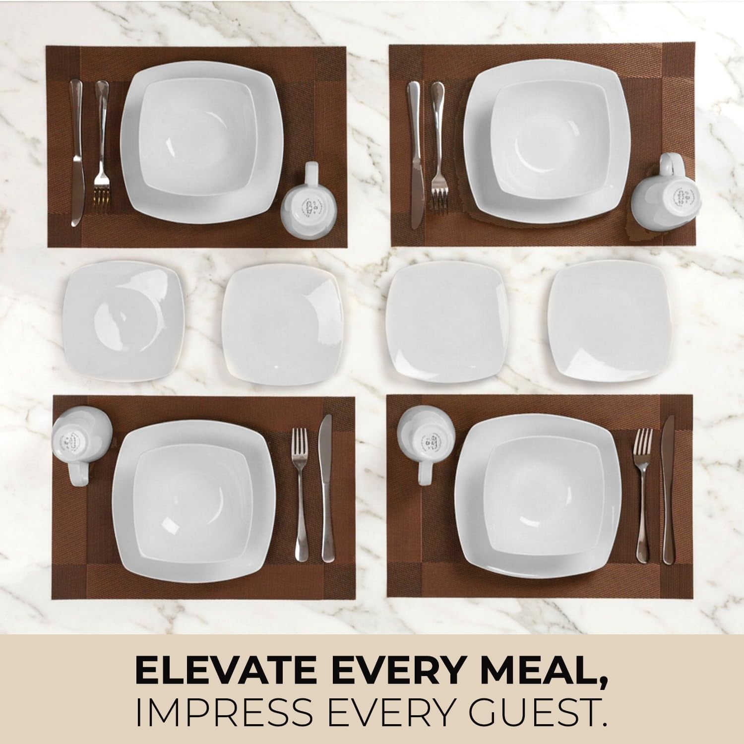 Luna Plates and Bowls Sets, 16 Piece Modern Porcelain Dish Set for 4, Chip and Scratch Resistant Square Dinnerware Set, Microwave and Dishwasher Safe, Pearl White