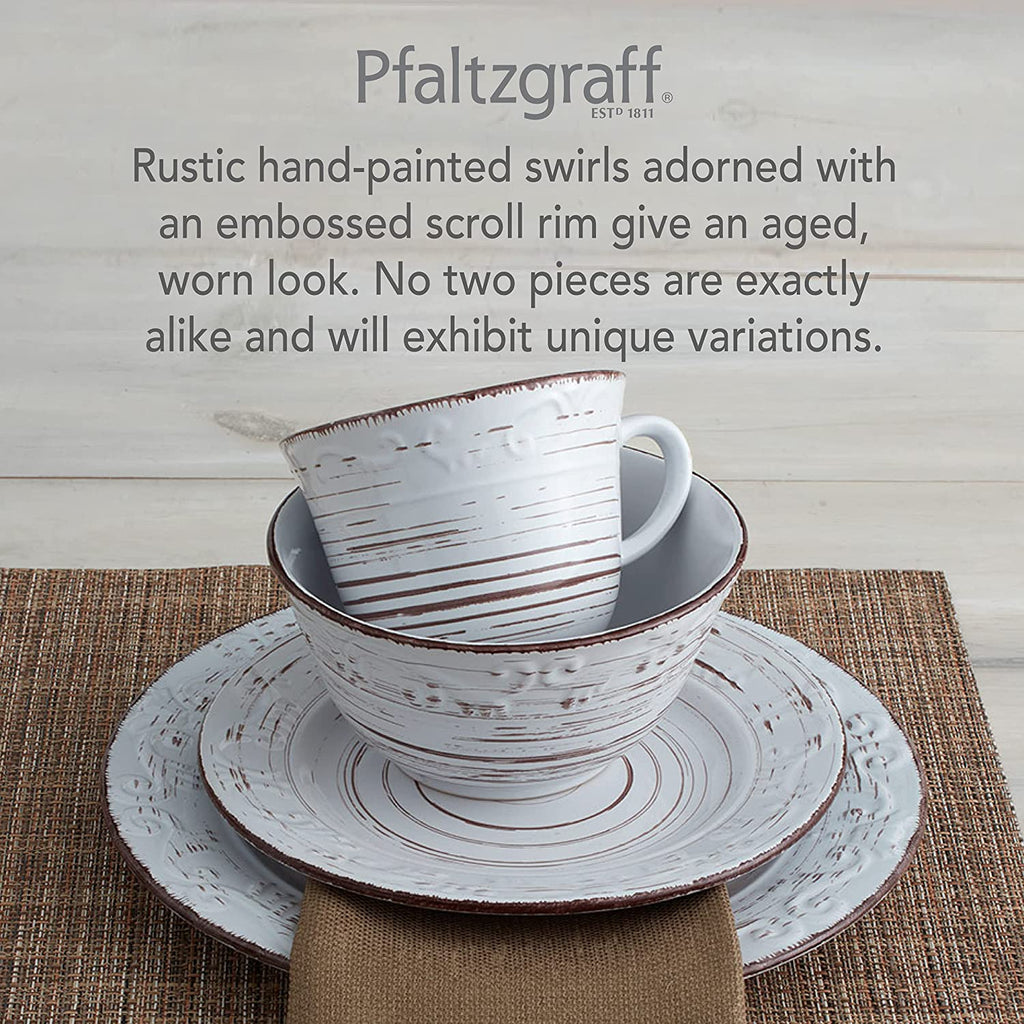 Trellis White 16-Piece Stoneware Dinnerware Set, Service for 4, Distressed White Finish, Microwave & Dishwasher Safe Plates and Bowls