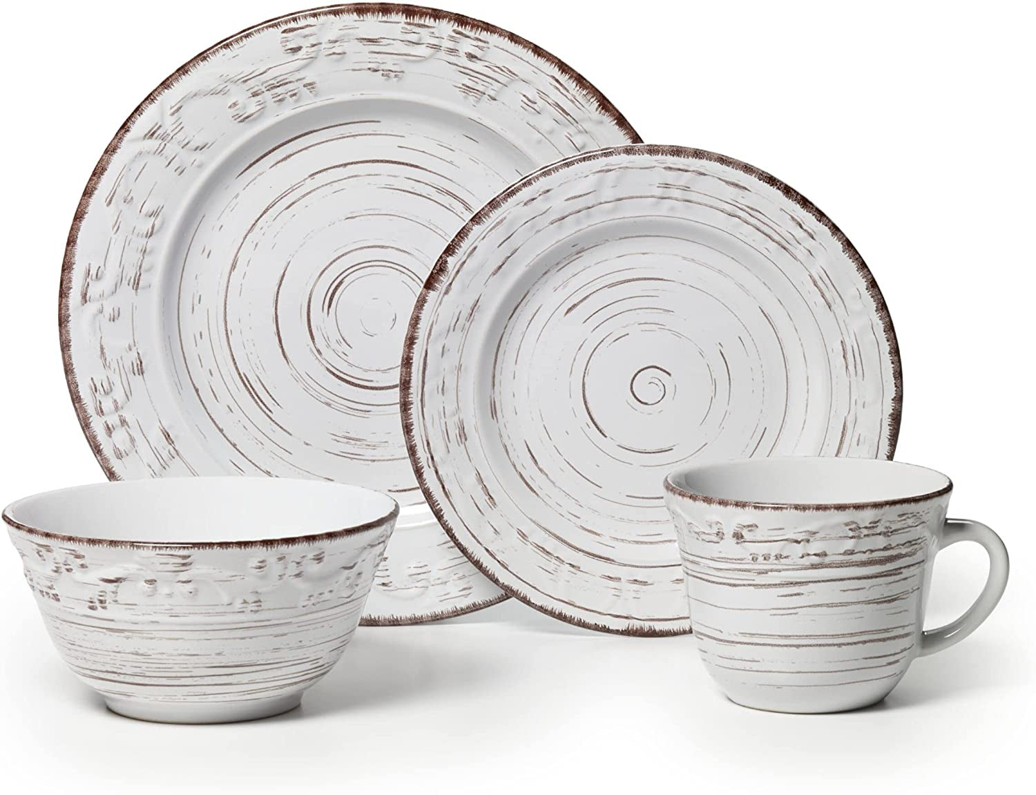 Trellis White 16-Piece Stoneware Dinnerware Set, Service for 4, Distressed White Finish, Microwave & Dishwasher Safe Plates and Bowls