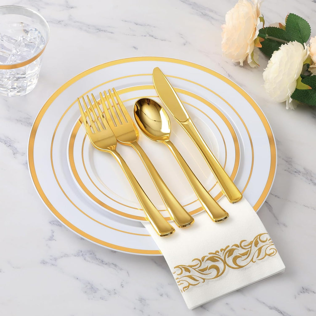 175 Pieces Gold Dinnerware Set for 25 Guests, Plastic Plates Disposable for Party, Include: 25 Dinner Plates, 25 Dessert Plates, 25 Paper Napkins, 25 Cups, 25 Gold Silverware Set