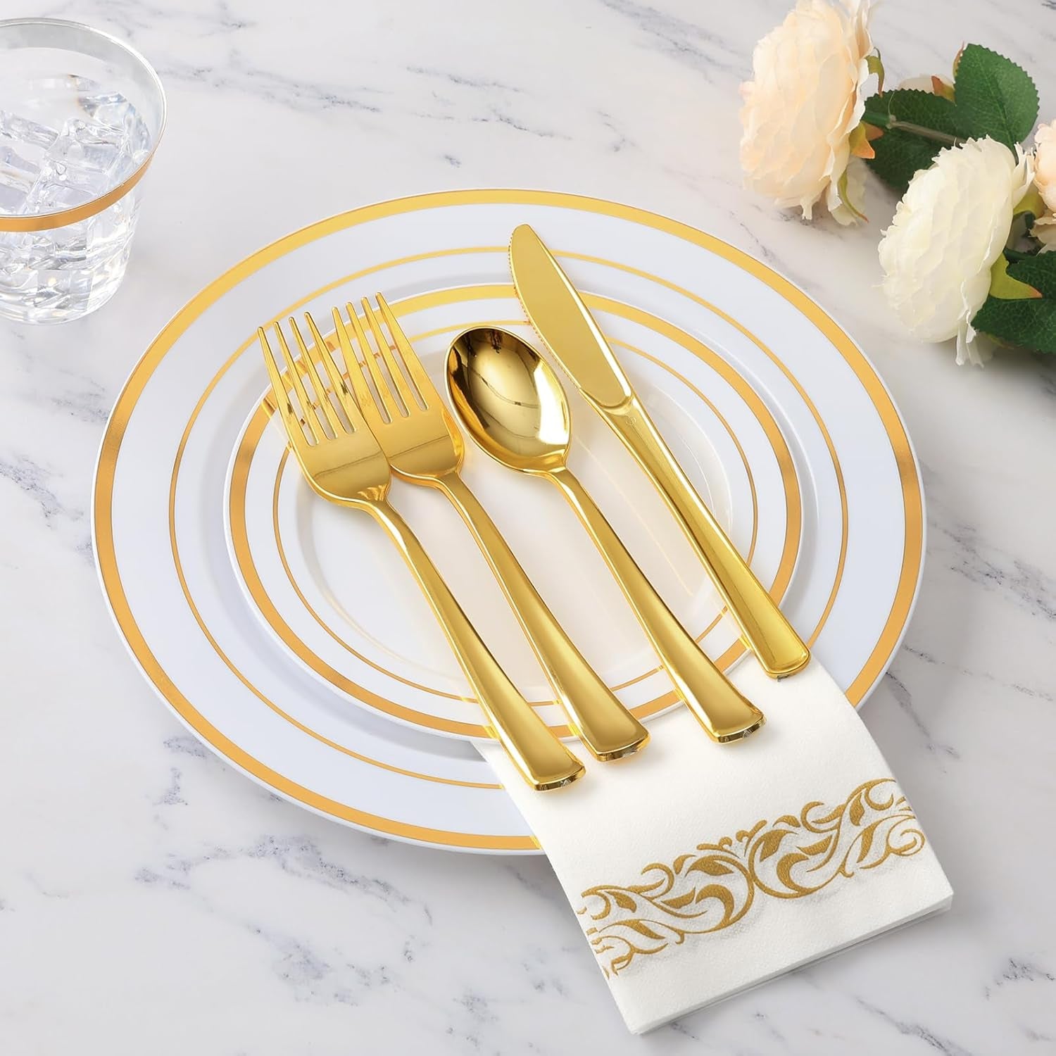 175 Pieces Gold Dinnerware Set for 25 Guests, Plastic Plates Disposable for Party, Include: 25 Dinner Plates, 25 Dessert Plates, 25 Paper Napkins, 25 Cups, 25 Gold Silverware Set