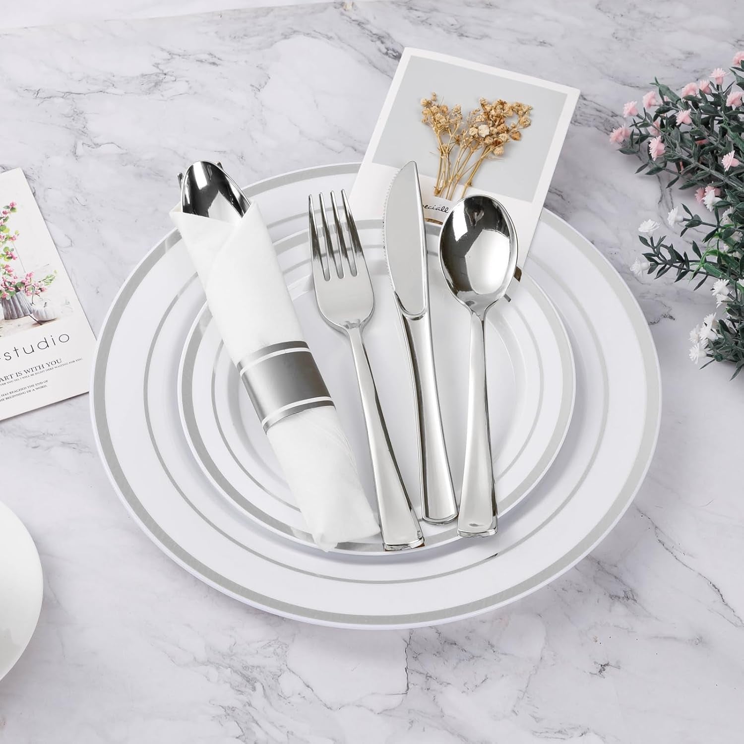 350PCS Silver Plastic Dinnerware Set, Disposable Party Plates for 50 Guests, Include: 100 Plastic Plates, 50 Pre Rolled Napkins with Silver Silverware, 50 Cups