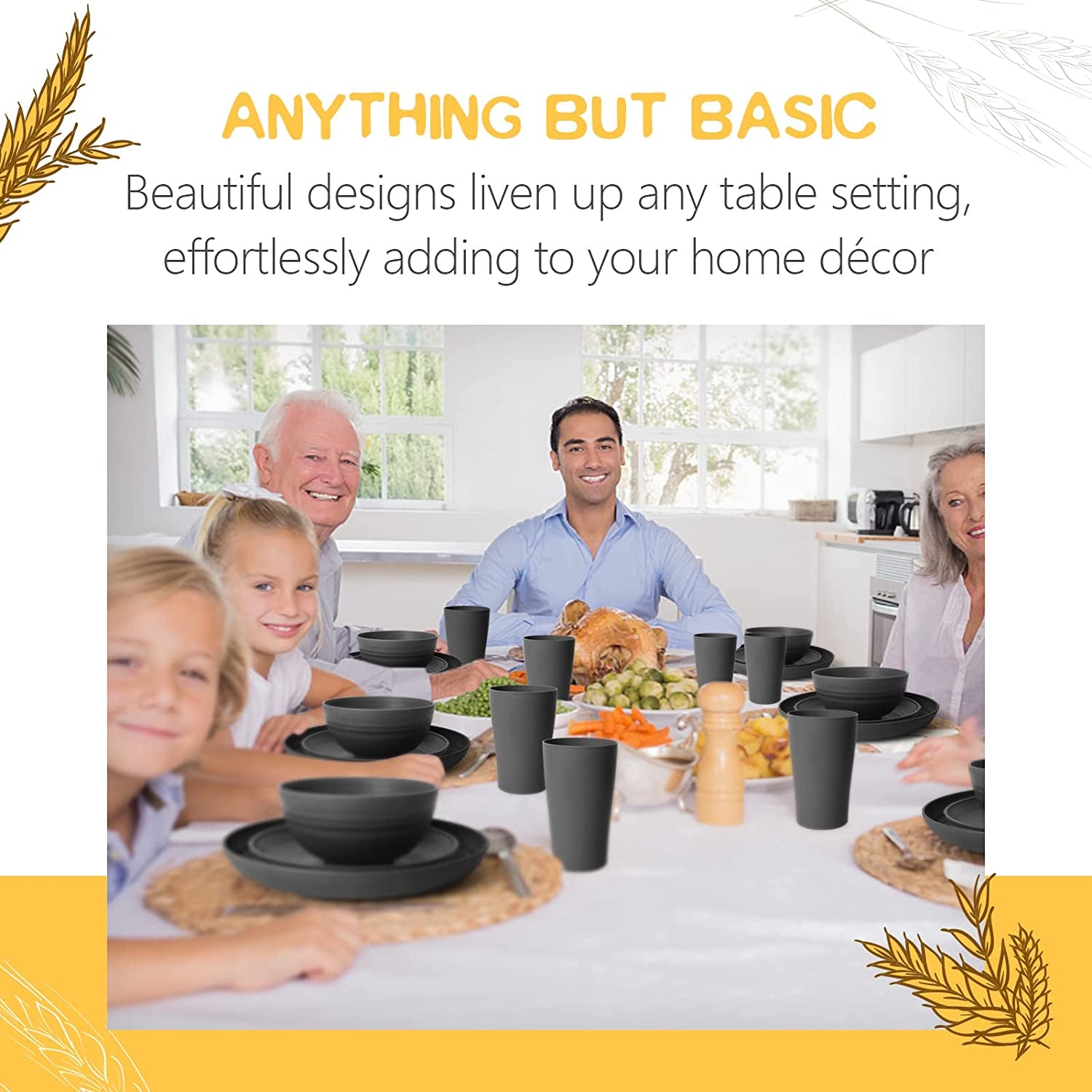 32-Piece Kitchen Plastic Wheat Straw Dinnerware Set, Service for 8, Unbreakable Modern Dish Set - Dinner Plate/Dessert Plate/Cereal Bowl/Cup, for Apartment Essentials, Outdoor Camping, Black
