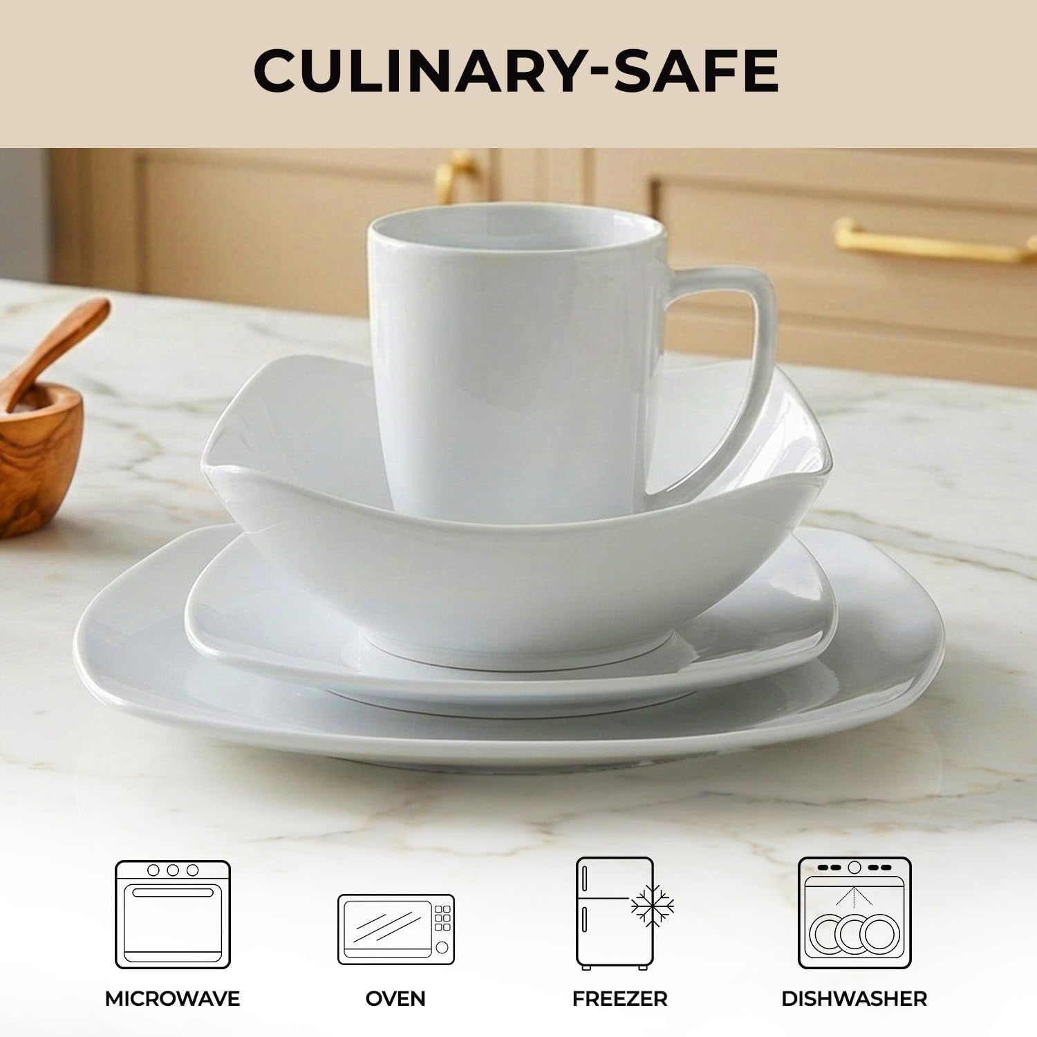 Luna Plates and Bowls Sets, 16 Piece Modern Porcelain Dish Set for 4, Chip and Scratch Resistant Square Dinnerware Set, Microwave and Dishwasher Safe, Pearl White