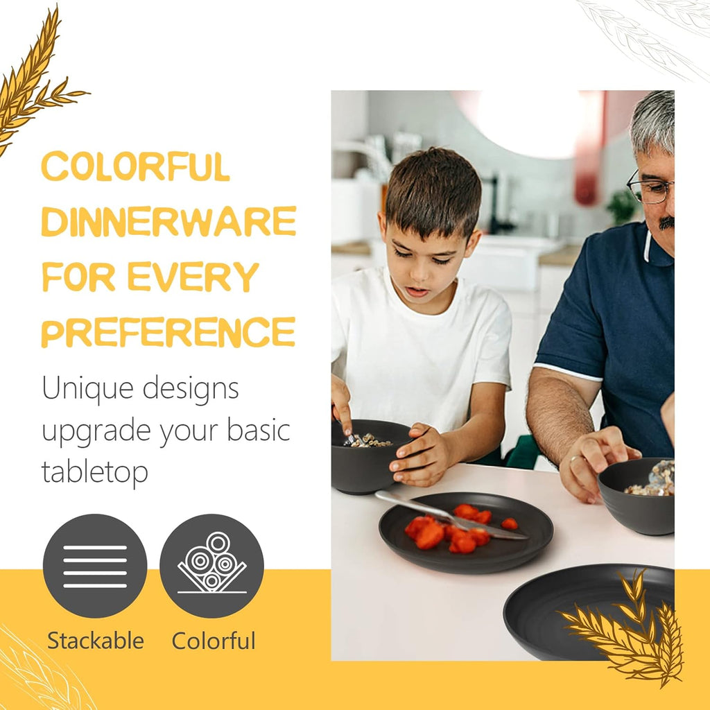 16-Piece Kitchen Plastic Wheat Straw Dinnerware Set, Service for 4, Dinner Plates, Dessert Plate, Cereal Bowls, Cups, Unbreakable Plastic Outdoor Camping Dishes, Black