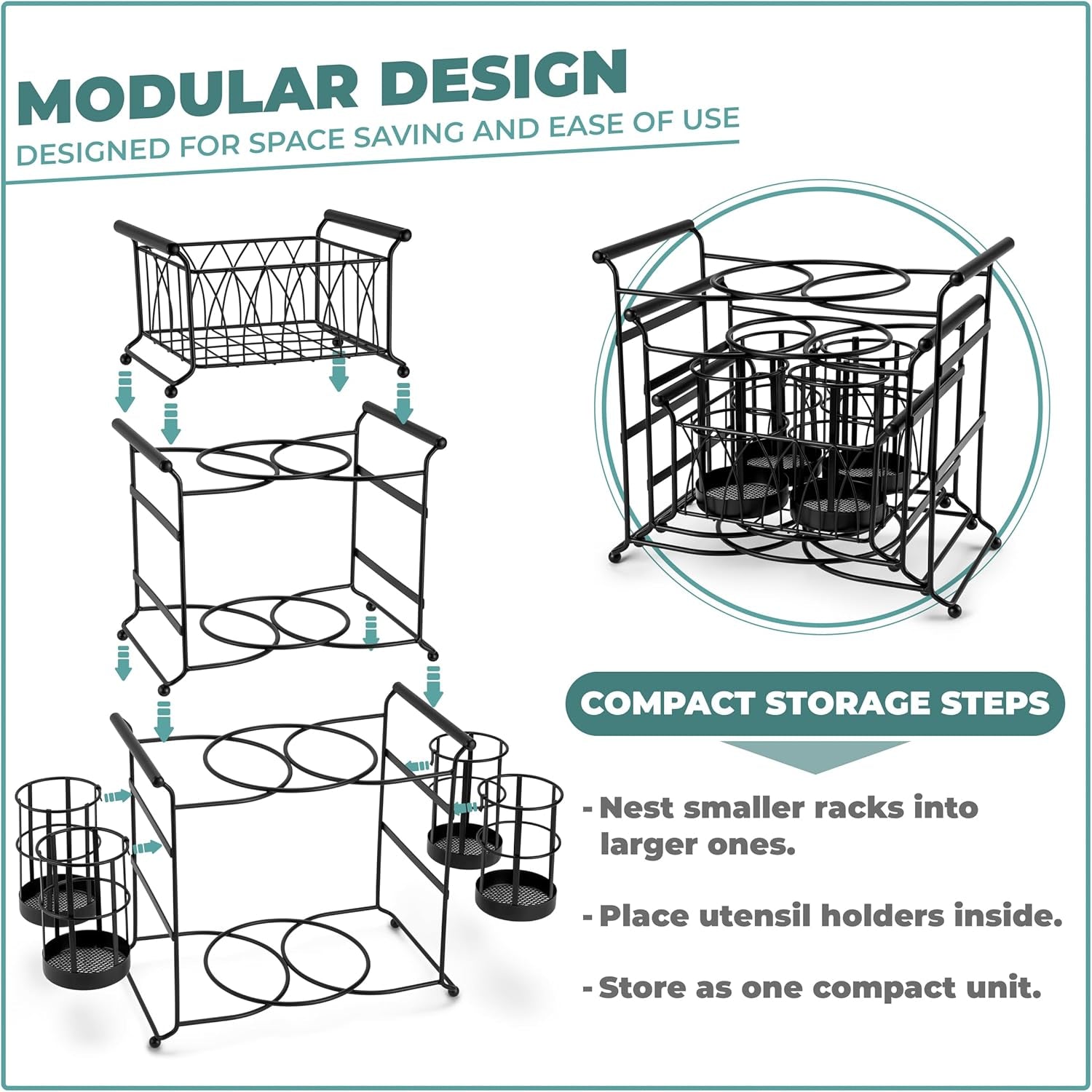 ® Buffet Caddy — 7-Piece Stackable Set Includes Plate, Napkin, and Silverware Holder, 3-Tier Detachable Tabletop Organizer — Ideal for Kitchen, Dining, Entertaining, Parties,Thanksgiving (Black)