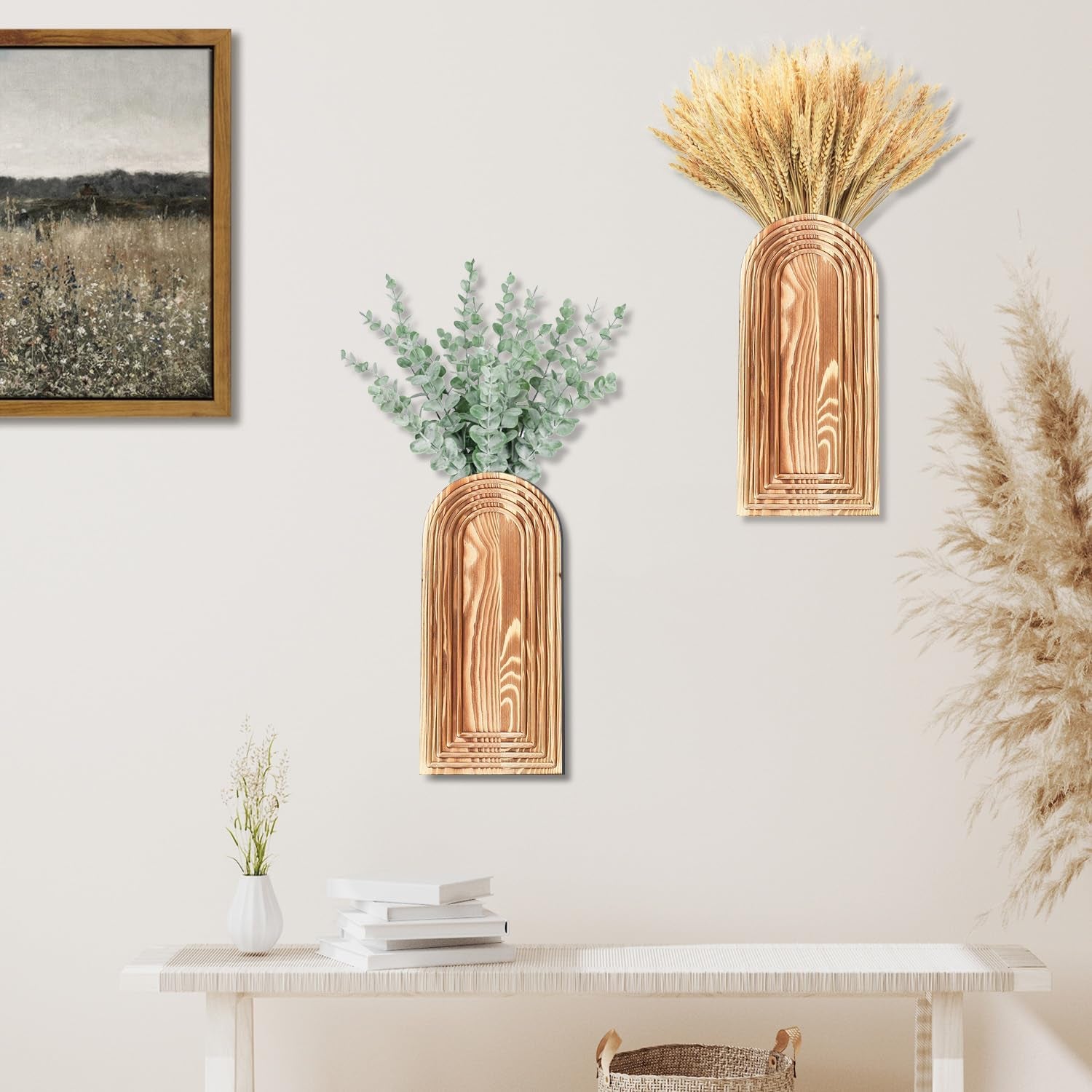 2 Pack Wooden Wall Vase Set - Brown Finish Modern Farmhouse & Boho Wall Decor for Entryway, Hallway, Bathroom, Living Room, Dining Room, Narrow Spaces
