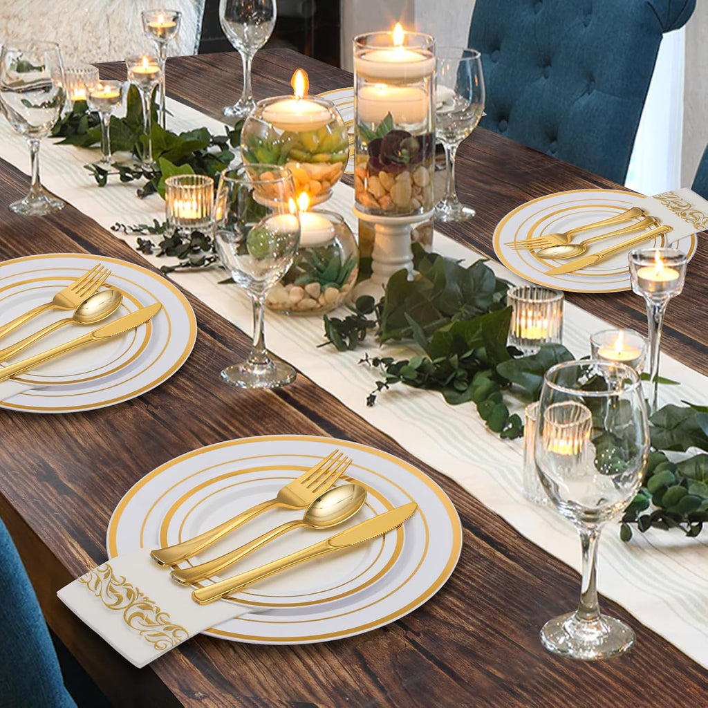 175 Pieces Gold Dinnerware Set for 25 Guests, Plastic Plates Disposable for Party, Include: 25 Dinner Plates, 25 Dessert Plates, 25 Paper Napkins, 25 Cups, 25 Gold Silverware Set
