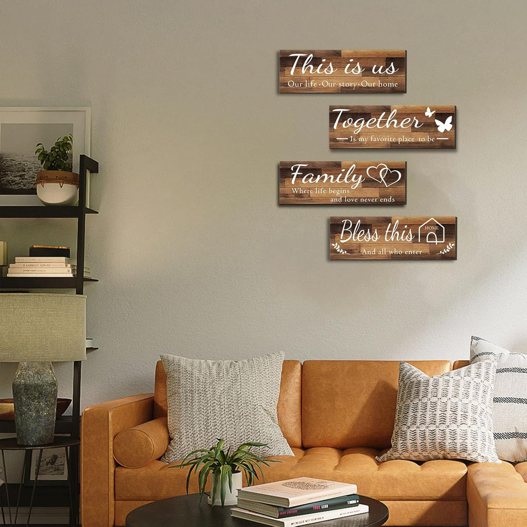 4 Pieces Home Wall Signs, THIS IS US/TOGETHER/BLESS THIS HOME/FAMILY Wall Decor for Living Room Bedroom, Rustic Wooden Farmhouse Wall Art , 4.7 X 13.8 Inch(Brown)