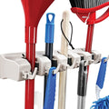 Mop and Broom Holder Wall Mount - Garage Storage Systems with 5 Slots, 6 Hooks, 7.5Lbs Capacity per Slot - Garden Tool Organizer for Home, Kitchen, Closet, Garage, Laundry Room - Off-White