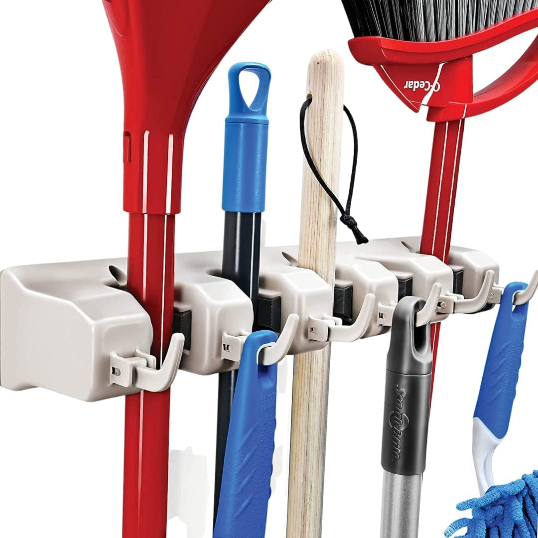 Mop and Broom Holder Wall Mount - Garage Storage Systems with 5 Slots, 6 Hooks, 7.5Lbs Capacity per Slot - Garden Tool Organizer for Home, Kitchen, Closet, Garage, Laundry Room - Off-White