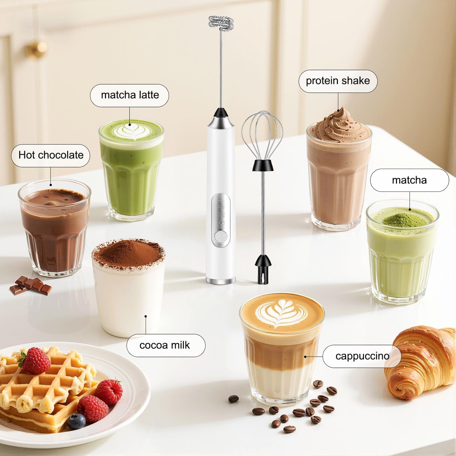Milk Frother Handheld Rechargeable 2000Mah Power Frother Wand Electric Foam Maker with 2 Stainless Whisks 3 Speeds Drink Mixer Coffee Frother for Latte, Cappuccino, Matcha, Hot Chocolate, Egg