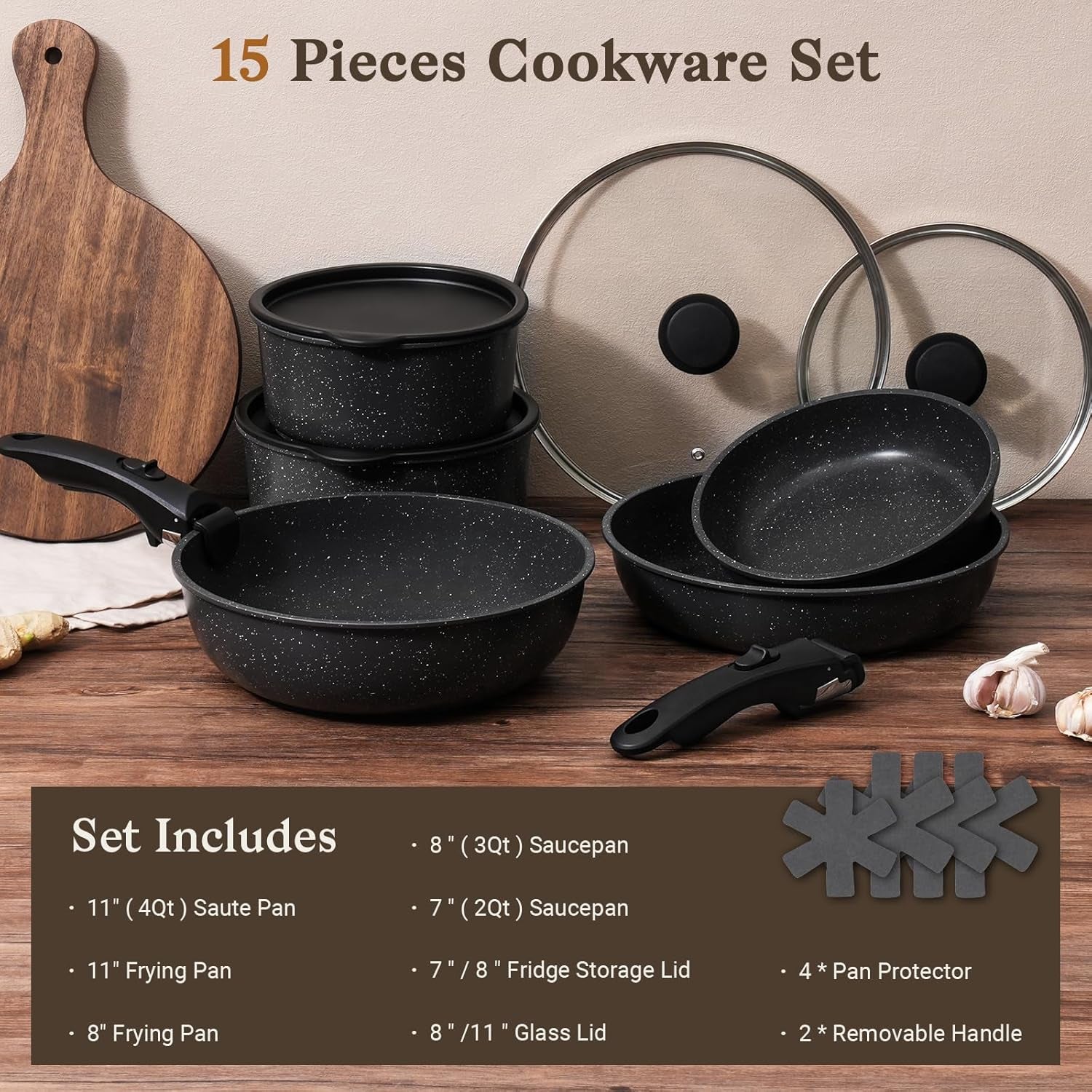 15Pcs Pots and Pans Set Non Stick, Cookware Sets with Detachable Handle, Nonstick RV Kitchen Cooking Tools Removable Handles, Oven Safe, Induction Fast, Stackable Induction Cookware,Black