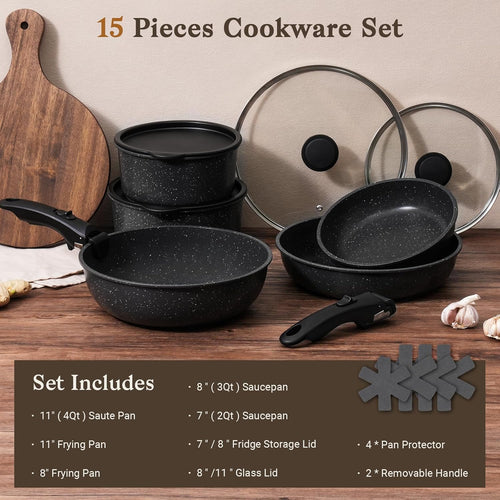 15Pcs Pots and Pans Set Non Stick, Cookware Sets with Detachable Handle, Nonstick RV Kitchen Cooking Tools Removable Handles, Oven Safe, Induction Fast, Stackable Induction Cookware,Black