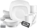 Luna Plates and Bowls Sets, 16 Piece Modern Porcelain Dish Set for 4, Chip and Scratch Resistant Square Dinnerware Set, Microwave and Dishwasher Safe, Pearl White