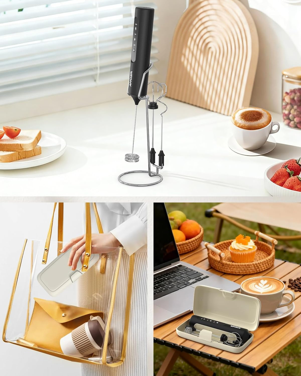 Milk Frother Handheld with Stand, Rechargeable Frother with 3 Speeds & 3 Heads, Travel Frother with Case, Coffee Mixer for Latte, Milk, Cream, Egg, Coffee, Cappuccino