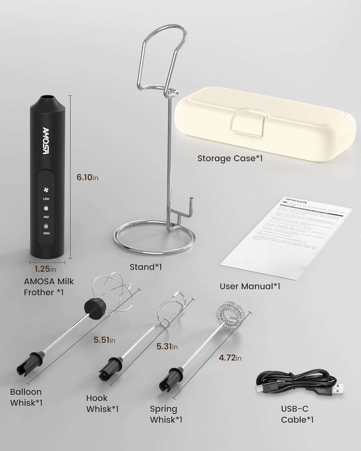 Milk Frother Handheld with Stand, Rechargeable Frother with 3 Speeds & 3 Heads, Travel Frother with Case, Coffee Mixer for Latte, Milk, Cream, Egg, Coffee, Cappuccino