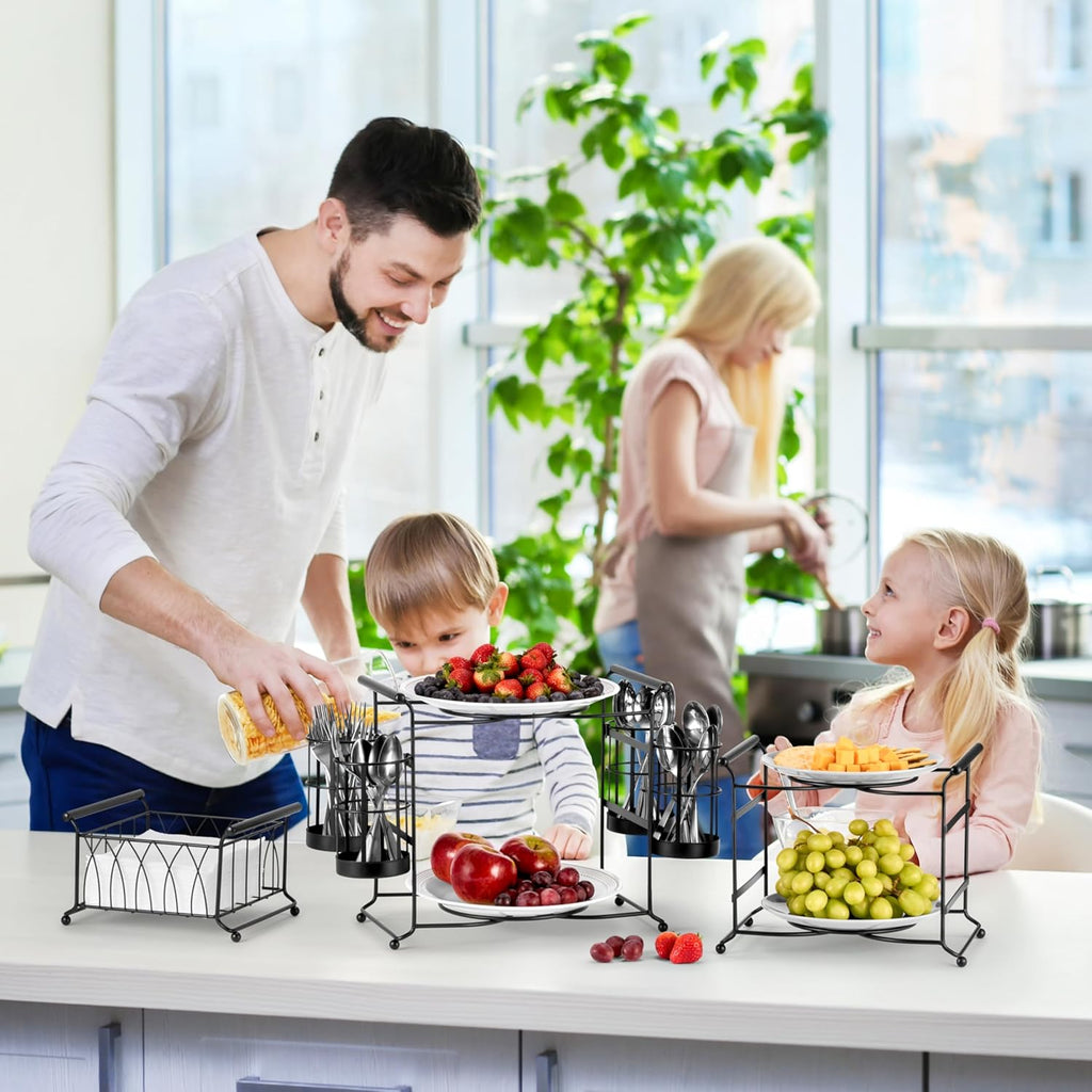 ® Buffet Caddy — 7-Piece Stackable Set Includes Plate, Napkin, and Silverware Holder, 3-Tier Detachable Tabletop Organizer — Ideal for Kitchen, Dining, Entertaining, Parties,Thanksgiving (Black)