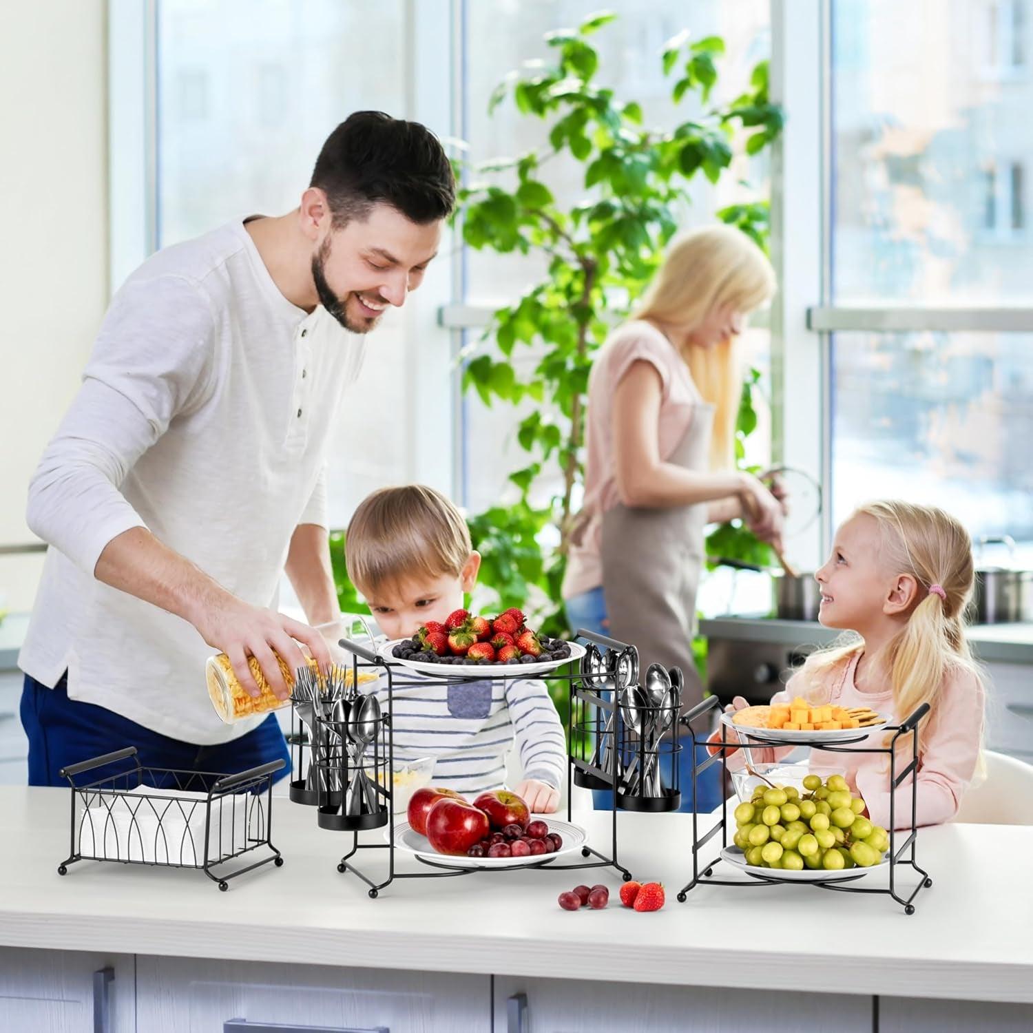 ® Buffet Caddy — 7-Piece Stackable Set Includes Plate, Napkin, and Silverware Holder, 3-Tier Detachable Tabletop Organizer — Ideal for Kitchen, Dining, Entertaining, Parties,Thanksgiving (Black)