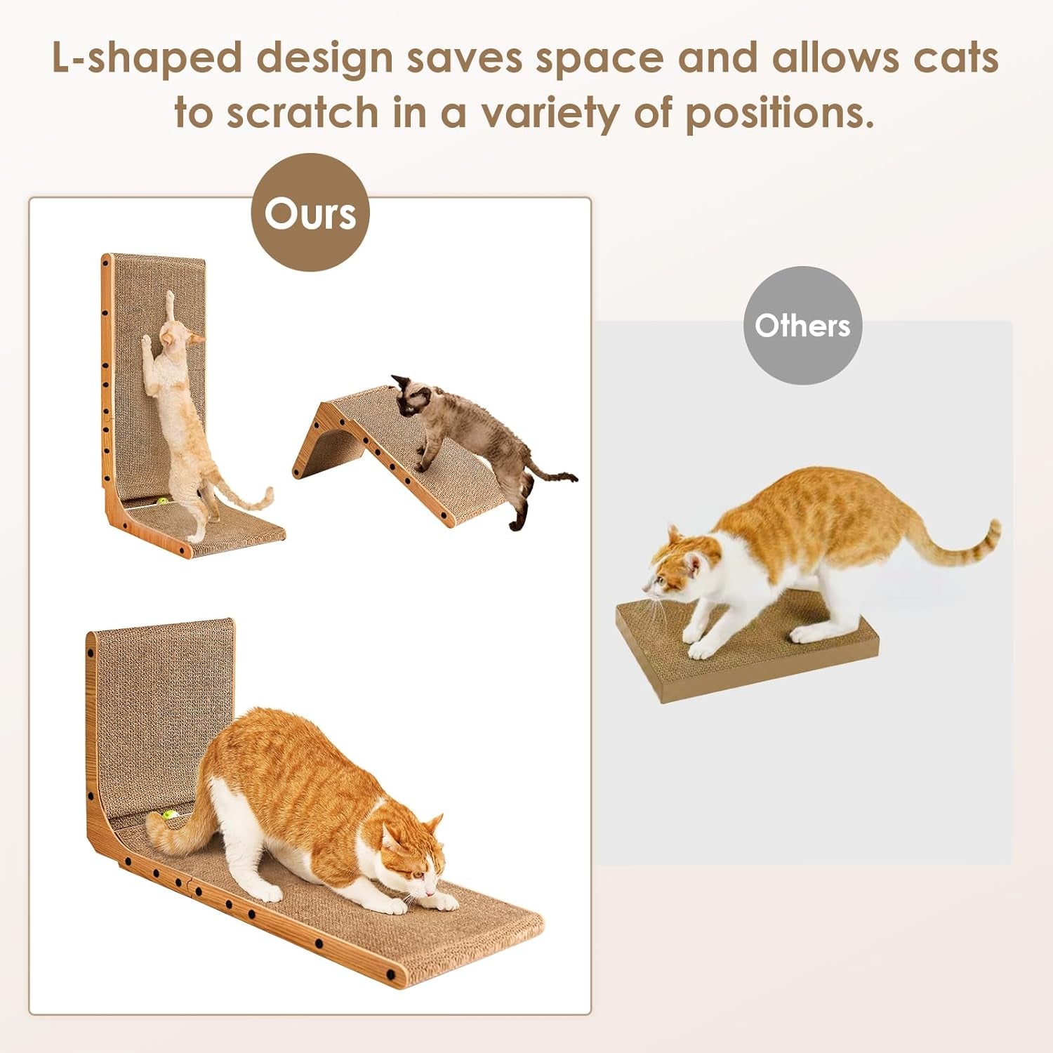 Cardboard Cat Scratcher for Indoor Cats, 26.8 Inch L Shaped Vertical Cat Scratching Board with Ball Cat Toy, Large Cat Scratcher Pad, Brown