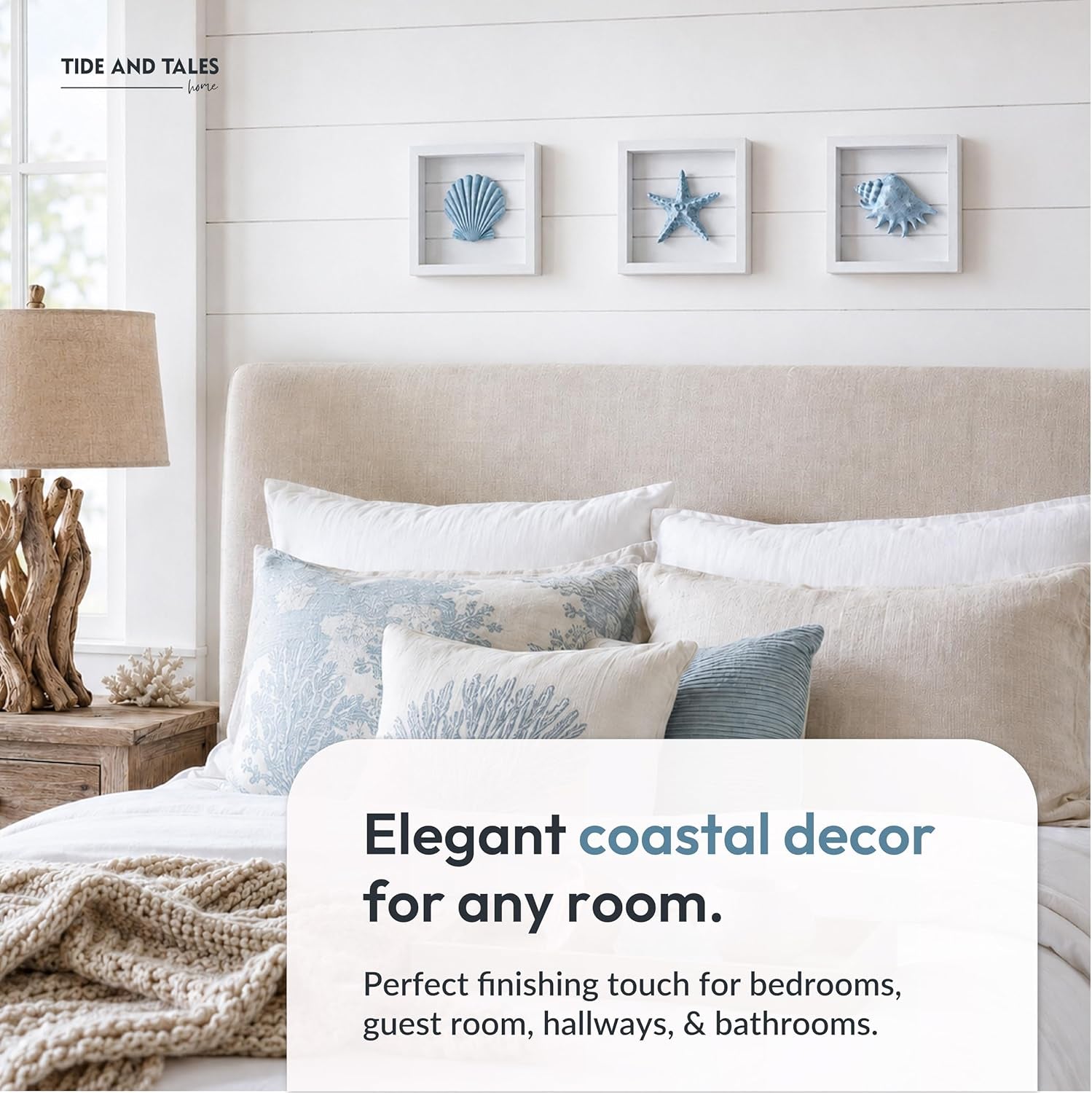 Tideandtales Blue Seashells and Starfish (Framed Set of 3) Coastal 3D Wall Art, Beach Wall Decor for Bathroom or Coastal Bedroom, Ocean Inspired Seaside Decorations for Home or Beach House (7"X7")