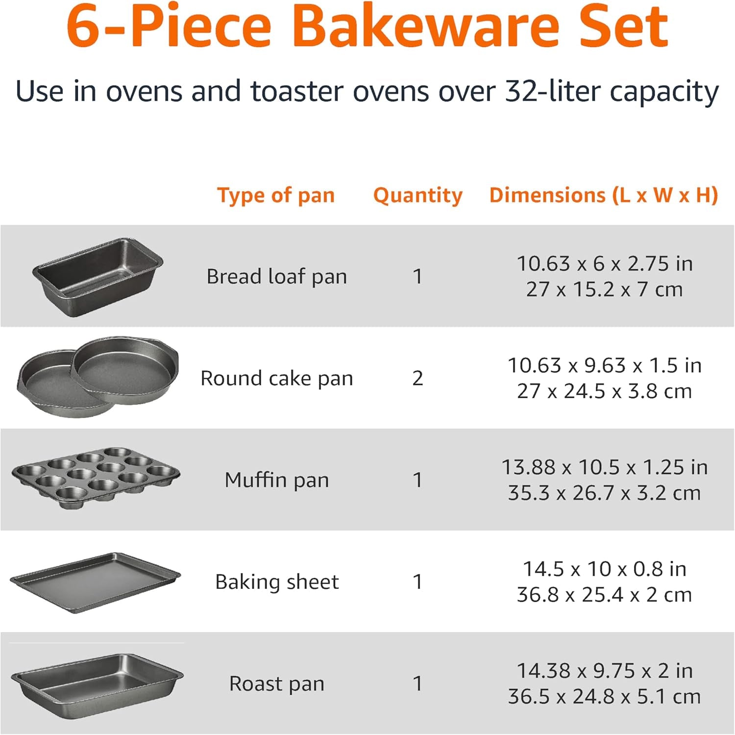 6 Piece Nonstick Carbon Steel Bakeware Set with Cake, Muffin, Cookie, and Loaf Pans, Easy Release, Oven Safe, 16.25 X 11.75 X 6.25 Inches