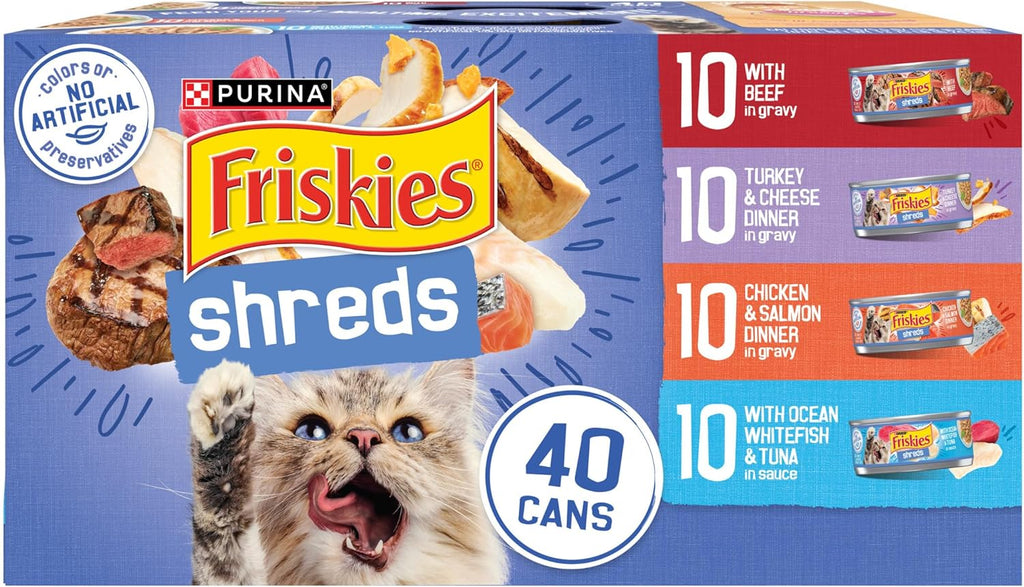 Purina  Wet Cat Food Variety Pack, Shreds with Beef, Turkey and Cheese Dinner, Chicken and Salmon Dinner, and with Ocean Whitefish and Tuna - (Pack of 40) 5.5 Oz. Cans