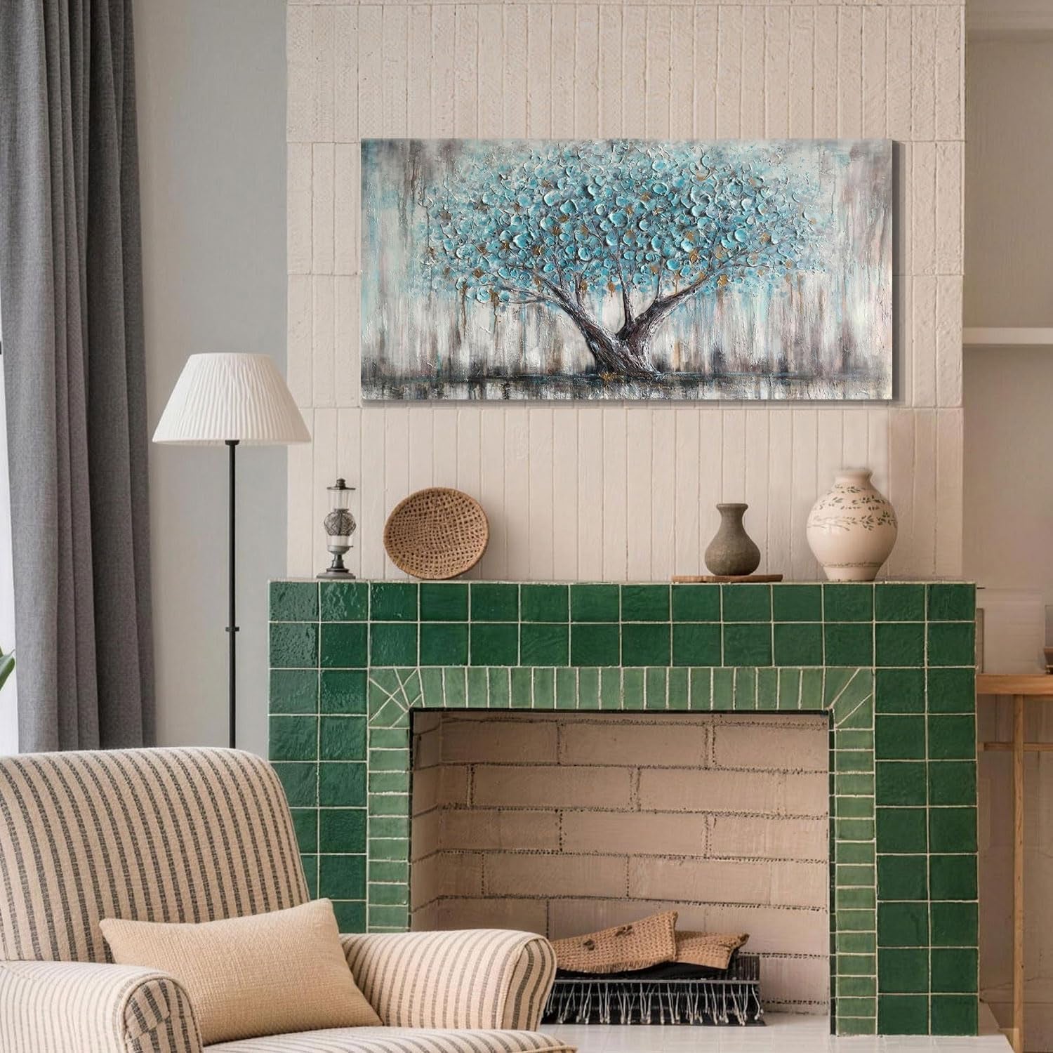 Tree of Life Wall Art Canvas for Living Room Blue Tree Nature Teal Painting, 50% Hand Painted Textured Picture Bedroom Panoramic Landscape Artwork Framed Home Office Decor 40"X20"