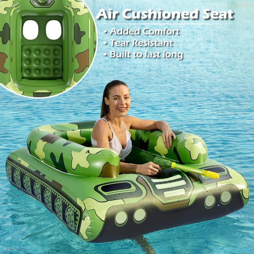 Inflatable Tank Swimming Pool Floaties with Water Cannon Gun Swim Floaty Rafts for Lake, Beach & Pool Party Toys for Boys, Girls, Kids & Adults- Green