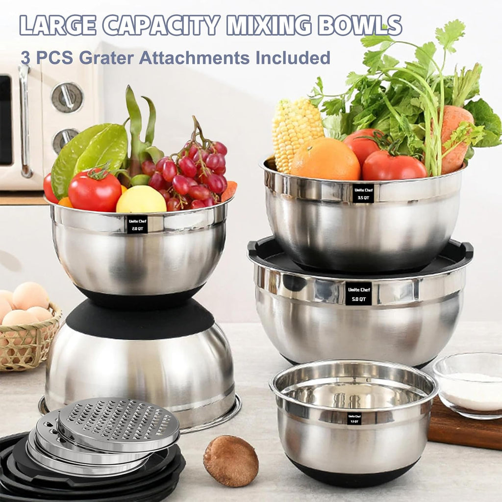 Mixing Bowls with Airtight Lids, 8PCS Stainless Steel Nesting Mixing Bowls Set, 3 Grater Attachments & Non-Slip Bottoms, Black Kitchen Bowls, Size 5, 4, 3.5, 2, 1.5QT for Baking & Serving