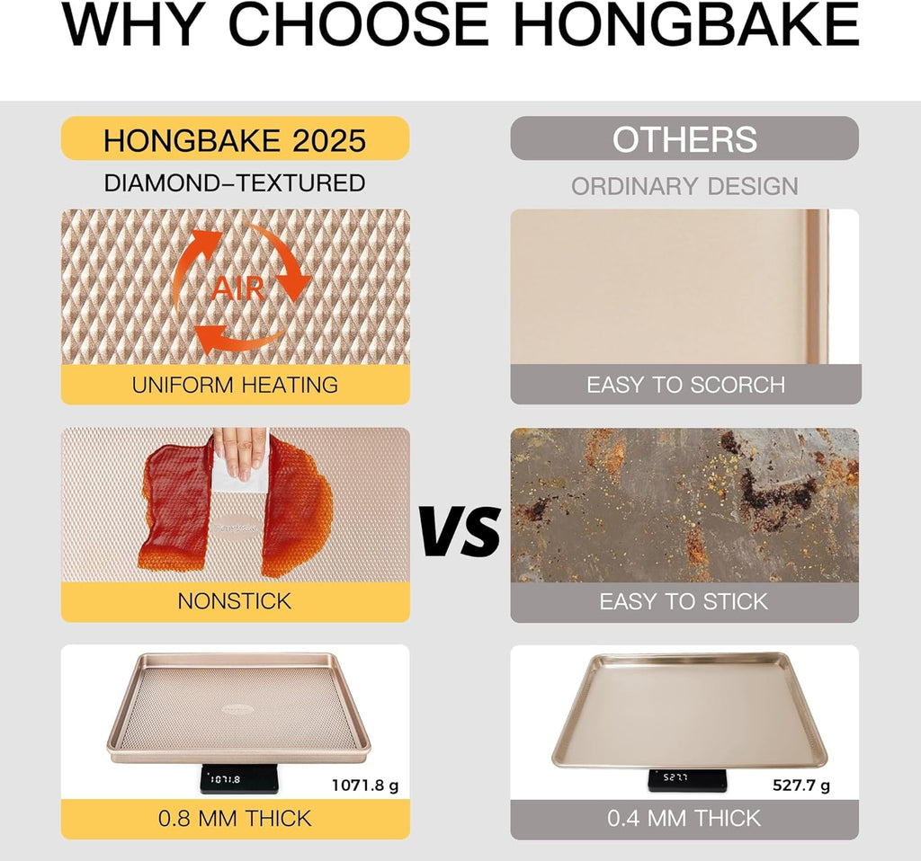 Baking Sheet Pan Set of 3, Cookie Sheets for Oven, Nonstick Half/Quarter/Jelly Roll Pans with Diamond Texture Pattern, 0.8Mm Thick Heavy Duty Cookie Tray, Champagne Gold