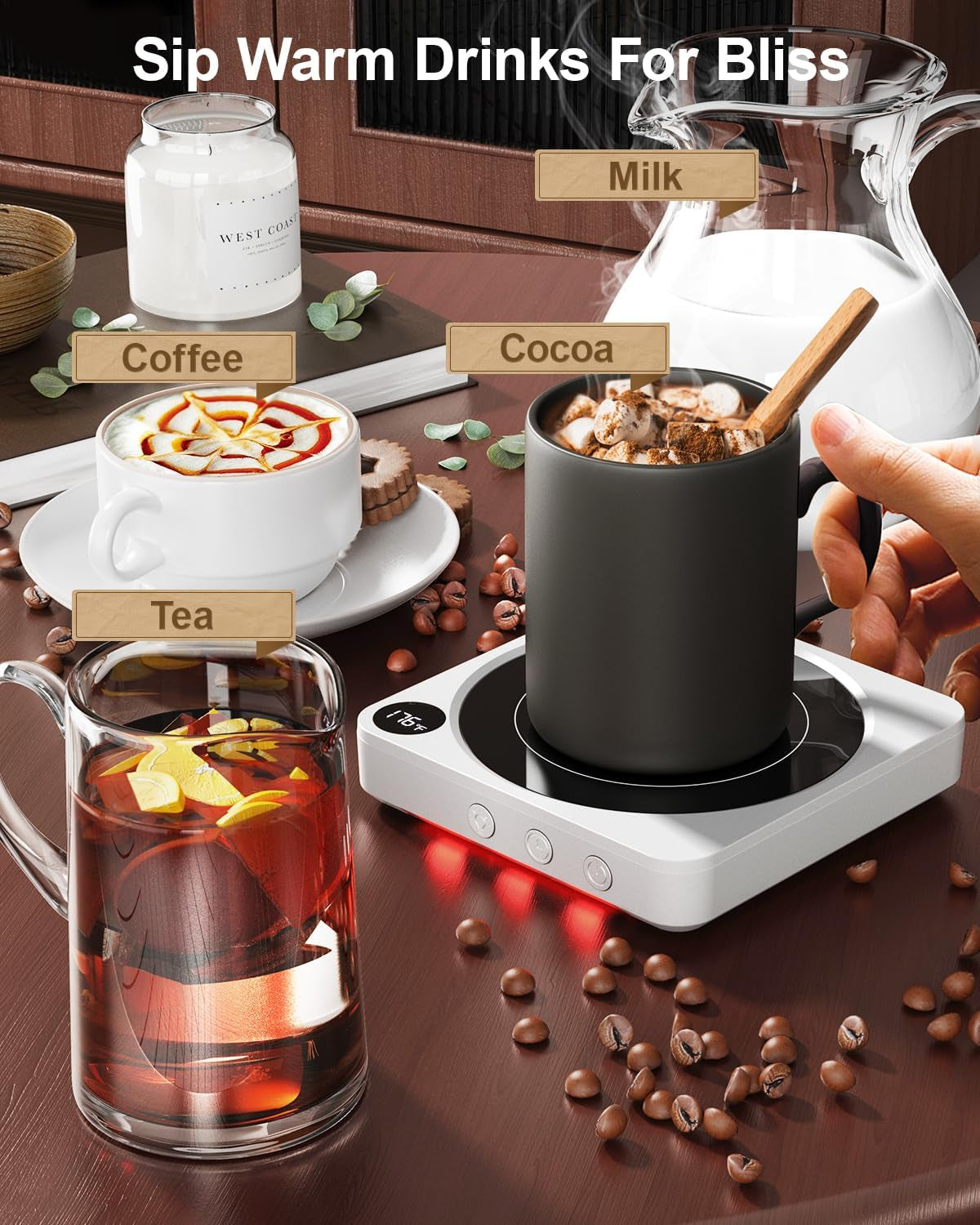 Mug Warmer - 36W Coffee Mug Warmer for Desk with Temperature Display, 2-12Hrs Auto Shut Off, Smart Candle Warmer - Ideal Coffee Gifts Accessories Keep Beverages Coffee Warmer (White)