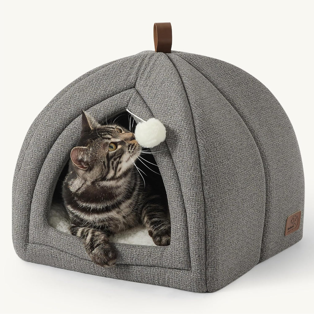 Bedsure Cat Beds for Indoor Cats - 2 in 1 Cat Cave House Tent for Kittens and Small Pets with Removable Washable Cushioned Pillow, Foldable Kitten Hideaway with Non-Slip Bottom, Grey, 16 Inches