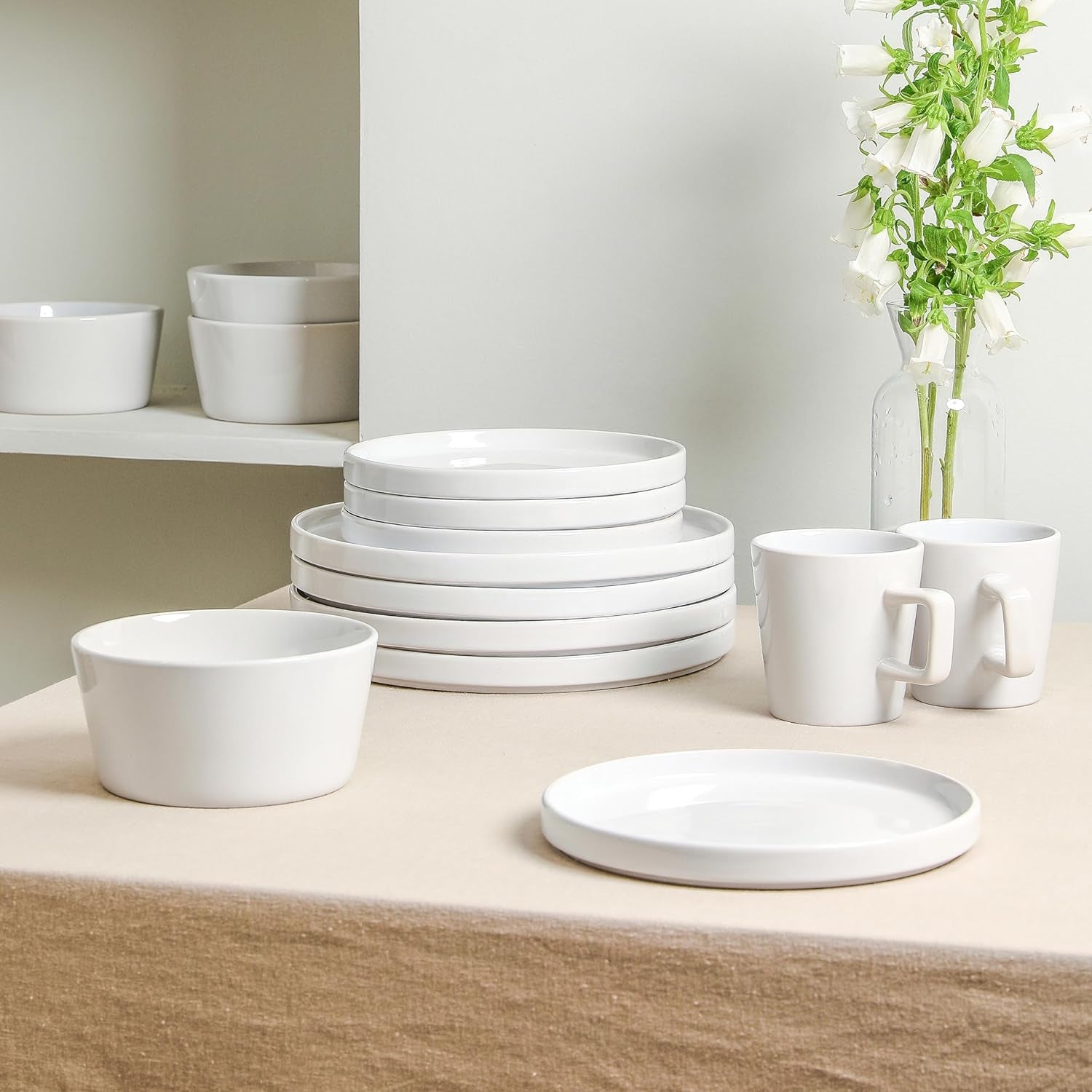Celina Modern Stoneware 16-Piece Dinnerware Set, Plates and Bowls Set, White Glossy, Dish Set Service for 4