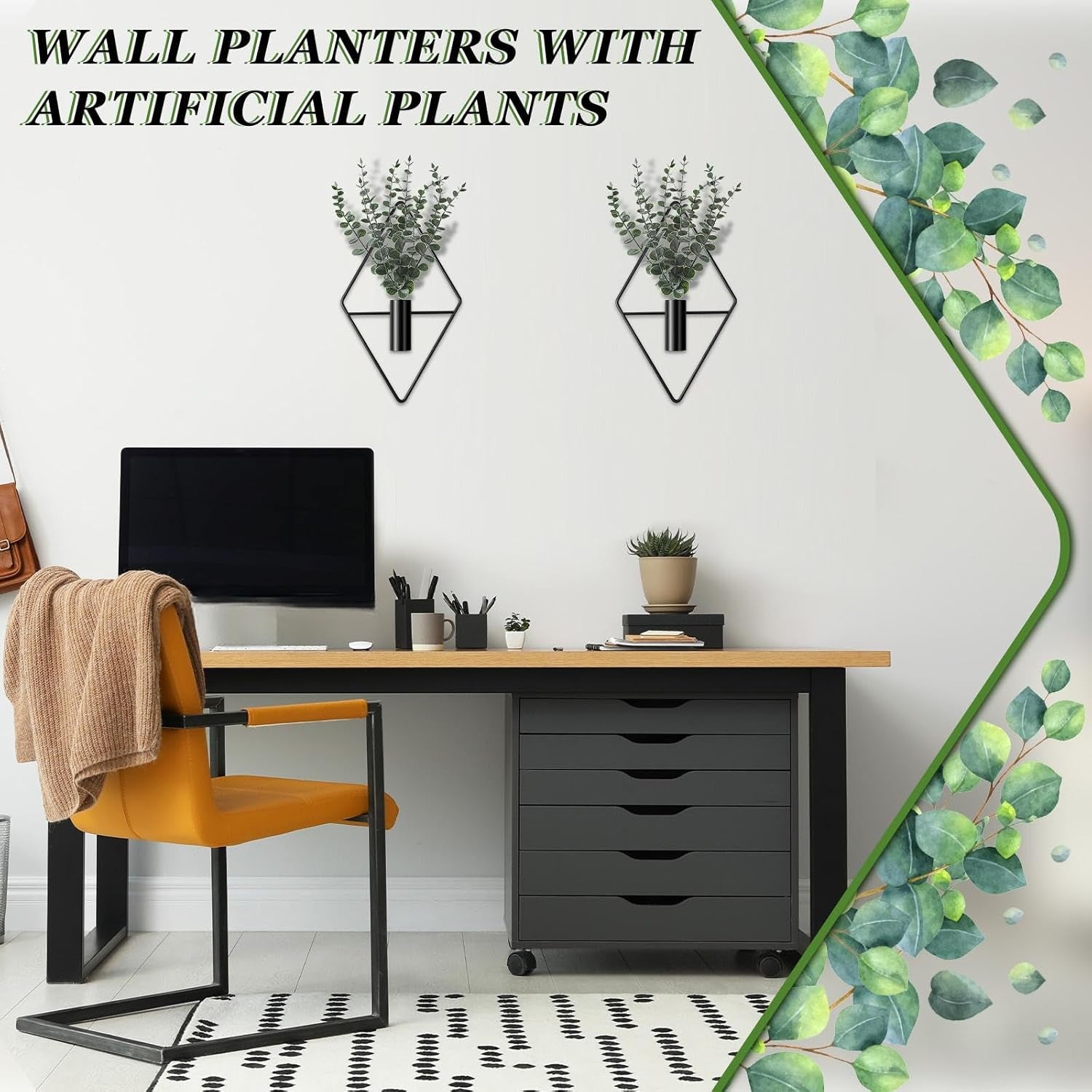 4 Pcs Hanging Planters with Artificial Eucalyptus Metal Hanging Vase Indoor Plants Holder Modern Geometric Boho Bathroom Wall Decor for Living Room Home Office(Black)