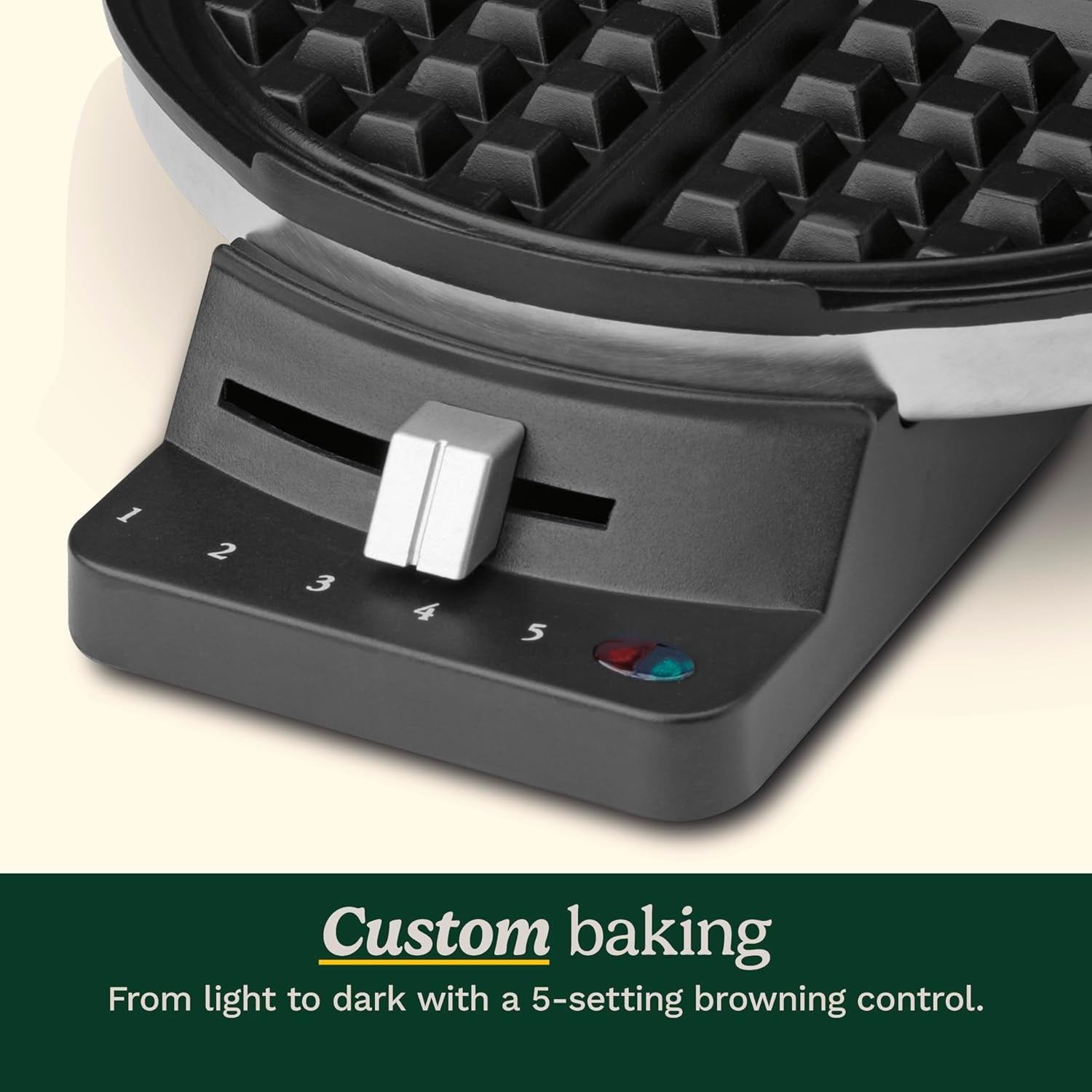 Waffle Maker, 1250W round Classic Waffle Iron, 5-Setting Adjustable Browning Control, WMR-CANAS, Brushed Stainless