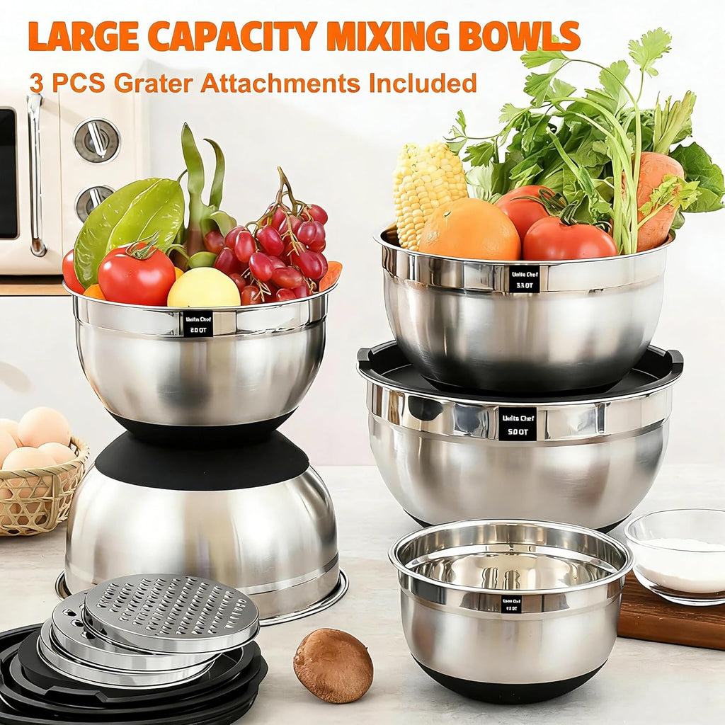 Thickened Heavy-Duty 26Pcs Stainless Steel Bowl, Mixing Bowl Set with Lid, Grater Attachment, Non-Slip Bottom and Kitchen Gadget Set, Sizes 7, 4, 2.5, 2.0, 1.5, 1QT, Ideal for Mixing and Serving