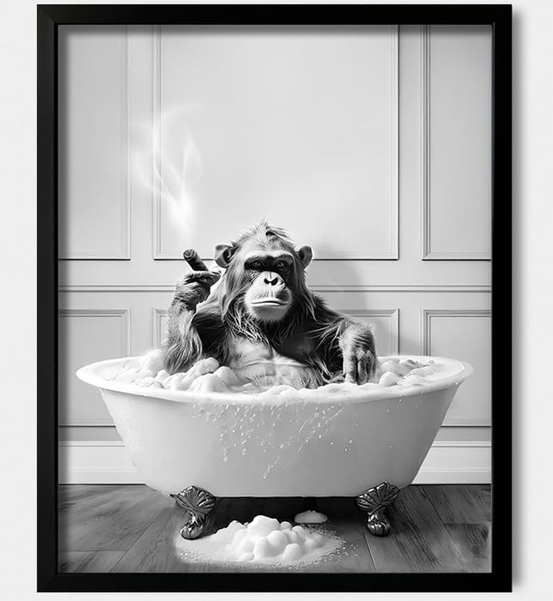 Framed Bathroom Decor Wall Art, Chimpanzee in Bathtub, Black and White Wall Art, Funny Bathroom Wall Decor Signs, Cute Animal Art Home Decor (Framed,8''X10'')