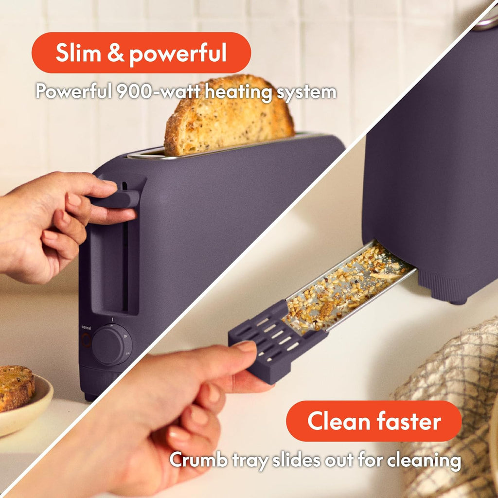 2 Slice Slim Toaster, Fits-Anywhere™ Kitchenware, 6 Setting Shade Control with Reheat & Cancel Buttons, Fits Sourdough, 10” Long Slot, anti Jam & Auto Shutoff, 900 Watt, Plum