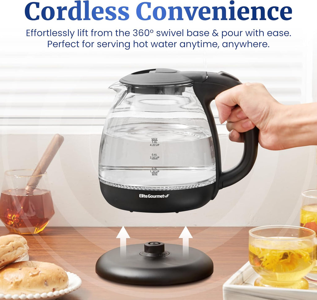 EKT1001 Electric 1.0L Bpa-Free 1100W Glass Kettle Cordless 360° Base, Stylish Blue LED Interior, Handy Auto Shut-Off Function – Quickly Boil Water for Tea & More, Black