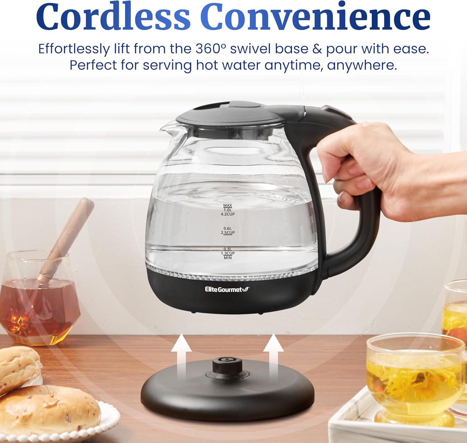 EKT1001 Electric 1.0L Bpa-Free 1100W Glass Kettle Cordless 360° Base, Stylish Blue LED Interior, Handy Auto Shut-Off Function – Quickly Boil Water for Tea & More, Black