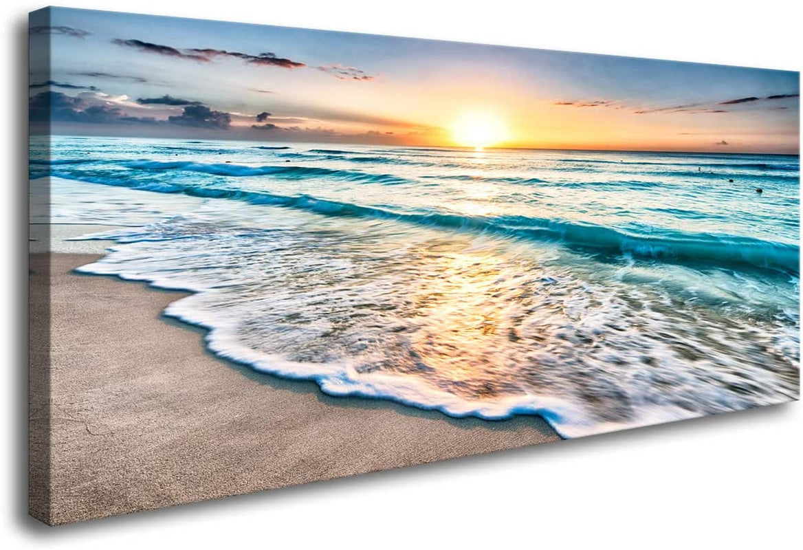 S02250 Canvas Prints Wall Art Beach Sunset Ocean Waves Nature Pictures Stretched Canvas Wooden Framed for Living Room Bedroom and Office
