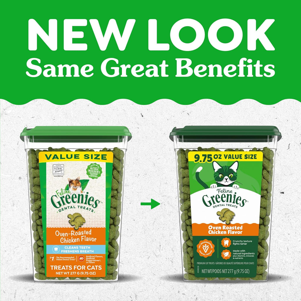 Greenies Cat Treats, Feline Veterinarian-Recommended Adult Natural Dental Cat Treats, Oven Roasted Chicken Flavor, 9.75 Oz. Tub