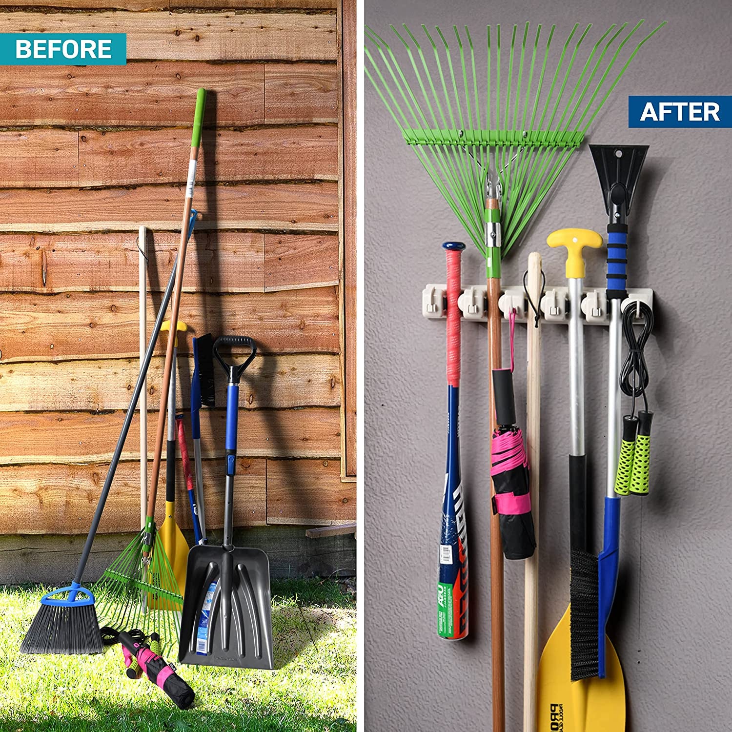 Mop and Broom Holder Wall Mount - Garage Storage Systems with 5 Slots, 6 Hooks, 7.5Lbs Capacity per Slot - Garden Tool Organizer for Home, Kitchen, Closet, Garage, Laundry Room - Off-White