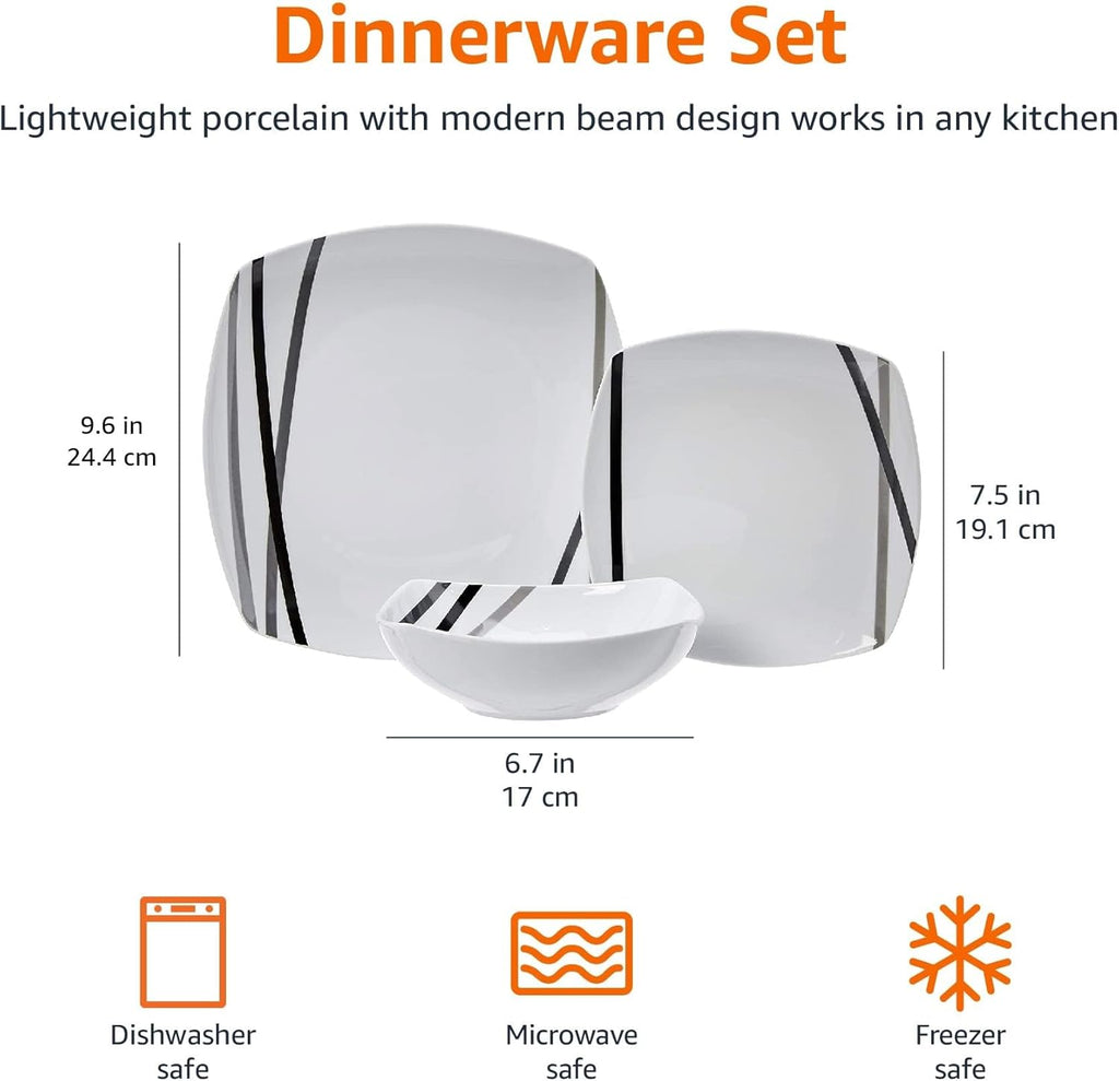 Square Dinnerware Set for 6, Plates and Bowls for Kitchen, 18-Piece, Dishwasher and Microwave Safe, Modern Beams