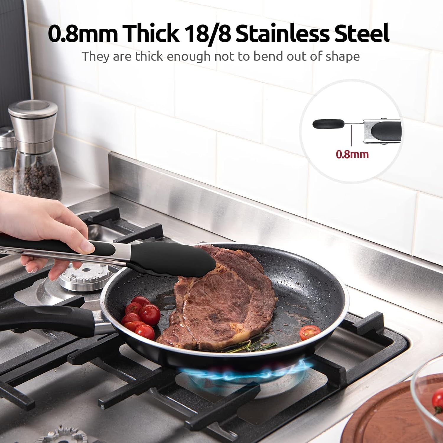 600ºf Heat Resistant Kitchen Tongs:  9 Inch Silicone Cooking Tong with Firm Sealed Non Stick Rubber Tips & Silicon Coated 18/8 Stainless Steel Handle & Smooth Locking for Serving Salad (Black)